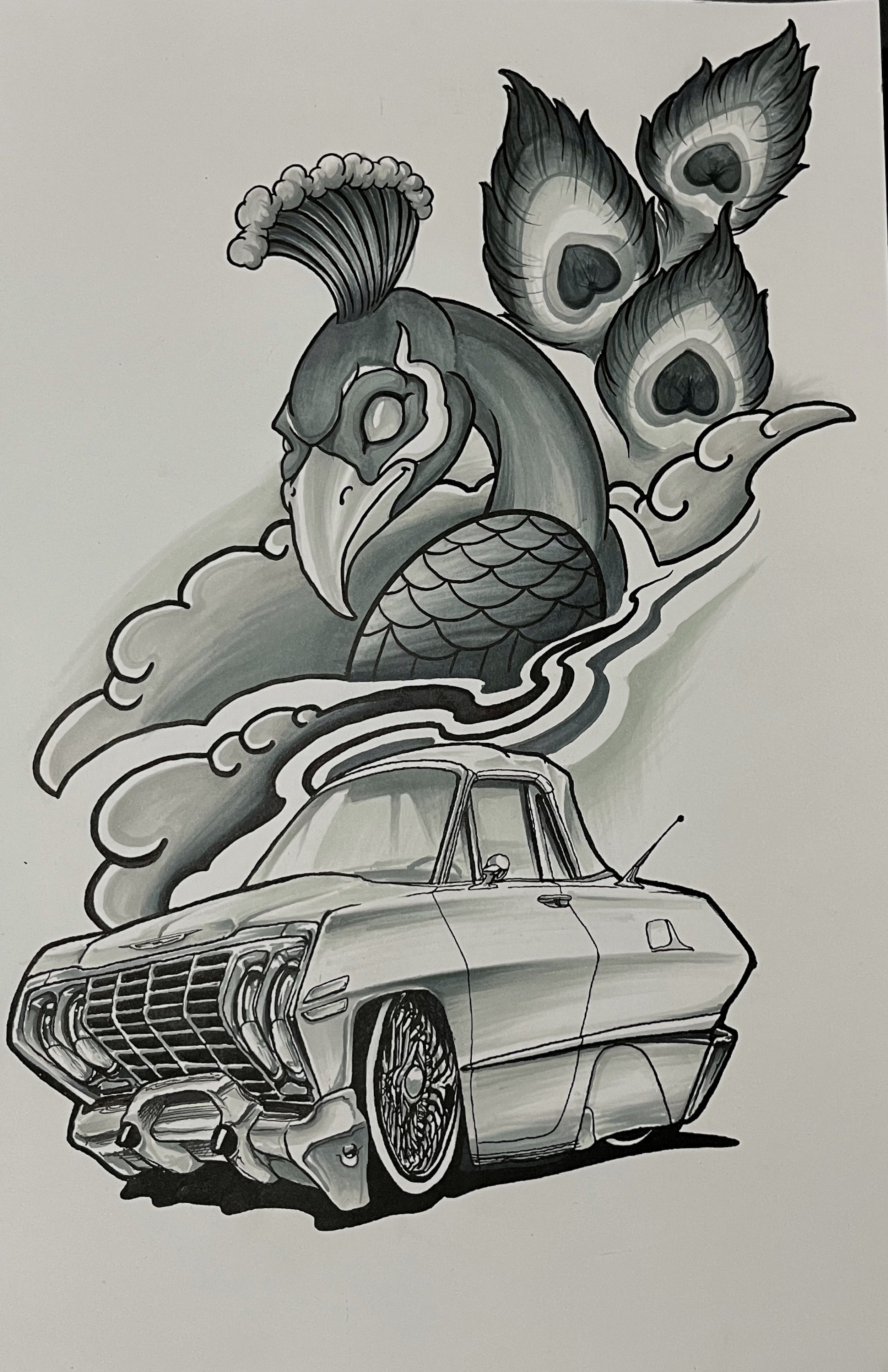 Black and white illustration of a 1963 Impala with a large, new school style peacock emerging from the top, peacock feathers in the background, surrounded by clouds.