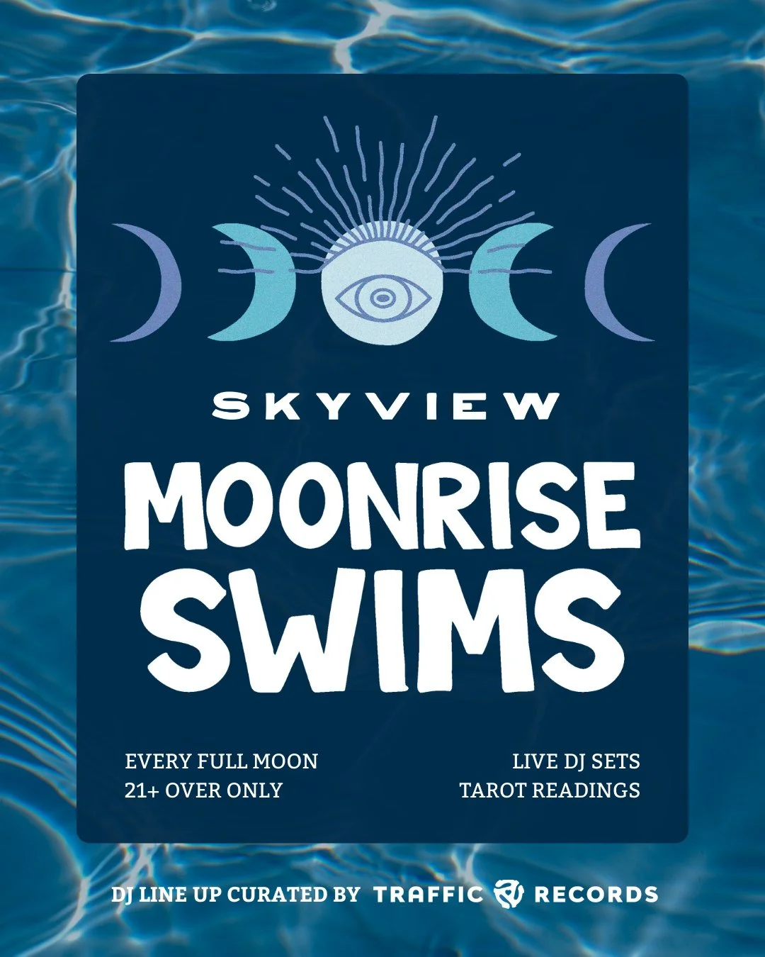 When the full moon rises, we match its energy. Join us on Skyview's iconic pool deck for monthly Moonrise Swims featuring a lineup of live DJ sets curated by our friends @trafficrecordstore 🪩 It's your chance to float in the heated pool, sip stellar