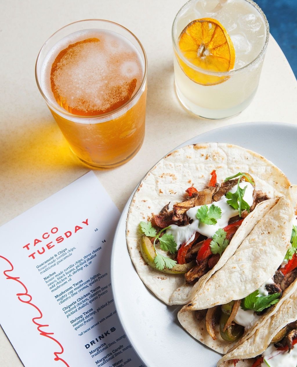Technically, tomorrow is Taco Tuesday. But there's plenty more on the table:⁠
⁠
🔸 $18 Taco Trios: choice of protein + refried black beans⁠
🔸 $12 Chips &amp; Guac / $14 Nachos⁠
🔸 $16 Margaritas / $30 by the carafe⁠
🔸 $13 Spicy Palomas⁠
🔸 $12 Ranc