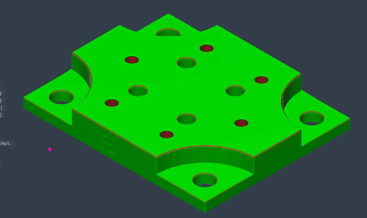 A green 3D-rendered mechanical part with multiple holes and curved cutouts on a dark background.