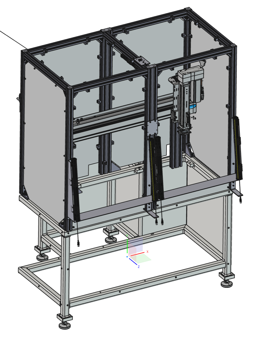 A technical illustration of a friction stir welding machine with a metal frame, automated arms, and a welding area marked by colored axes.