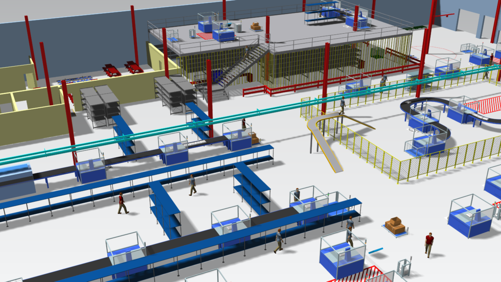 A detailed 3D rendering of an indoor factory or manufacturing facility with various workstations, conveyor belts, and equipment, and a few people walking around.