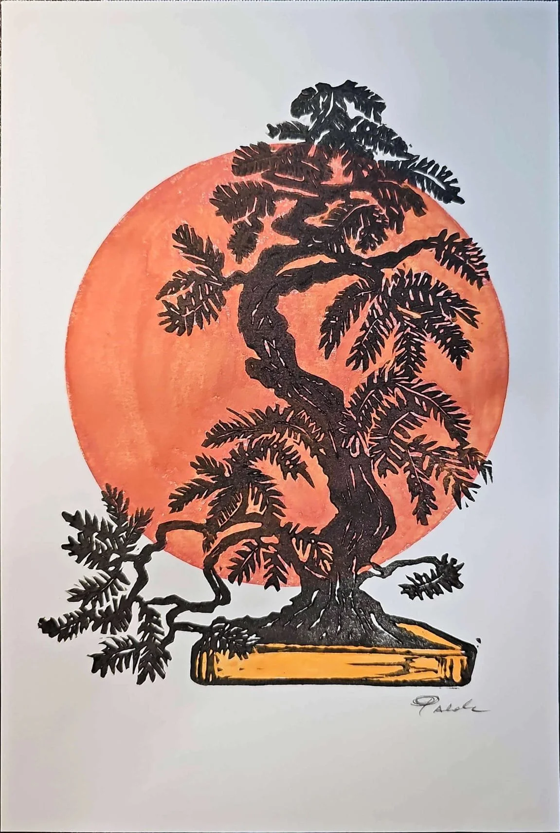 Orange Moon Bonsai Linocut Print