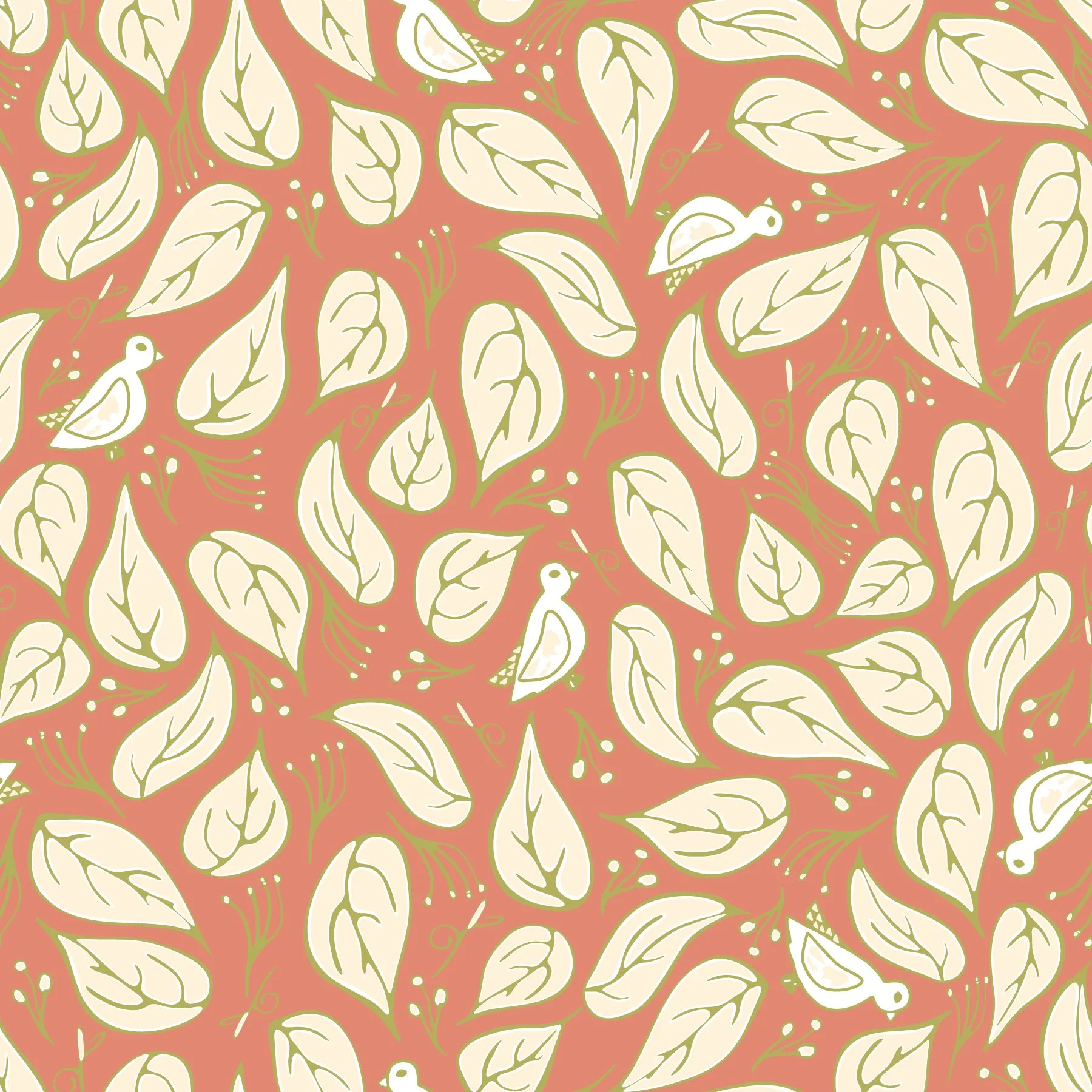 Peachy Pink Botanical Leaves with Creamy White Birds - Multidirectional-02.jpg