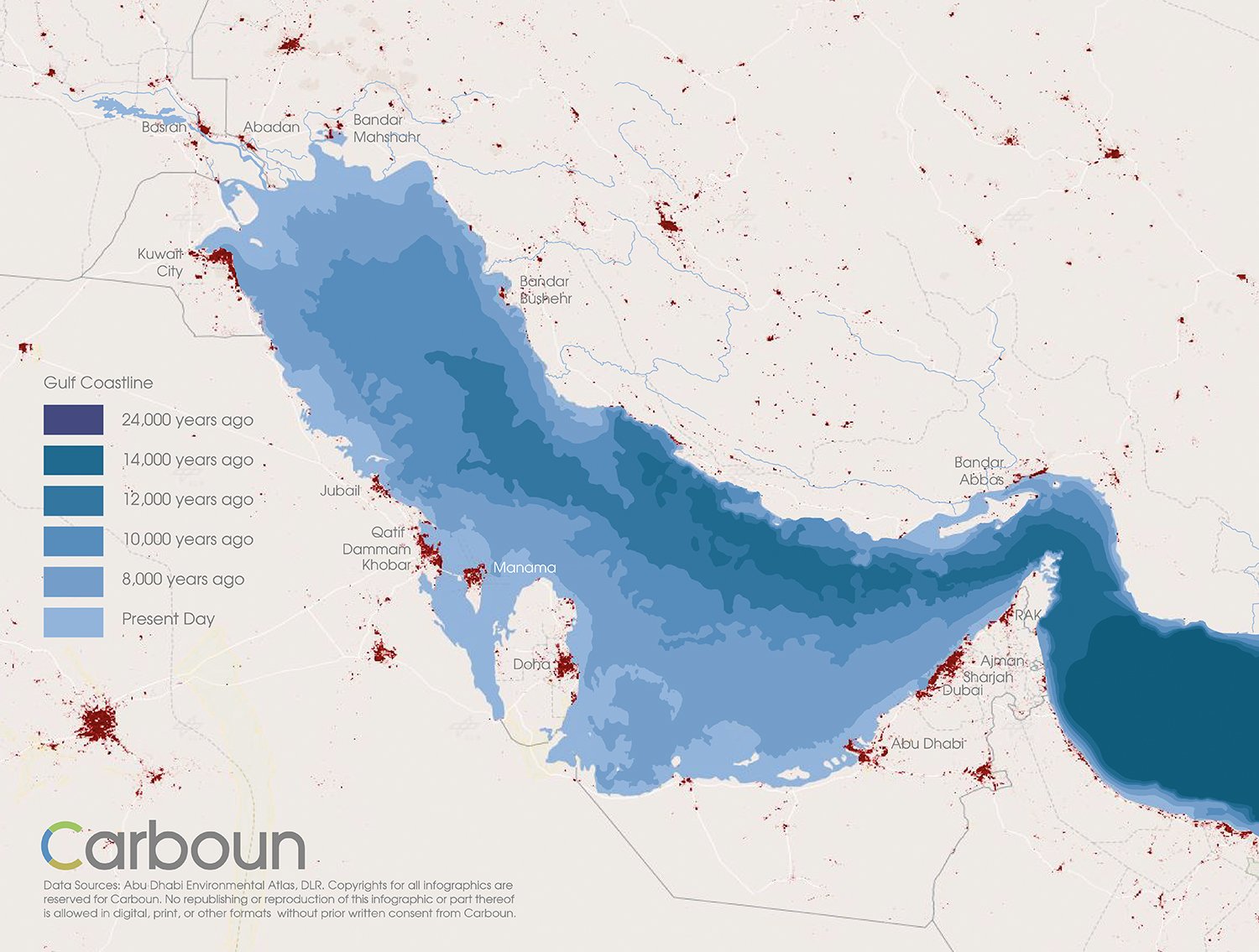 Map showing changing coastline of the Gulf area over 24,000 years, with current and past shorelines marked in different shades of blue. Cities like Kuwait City, Doha, and Dubai are labeled, with red dots indicating urban areas.