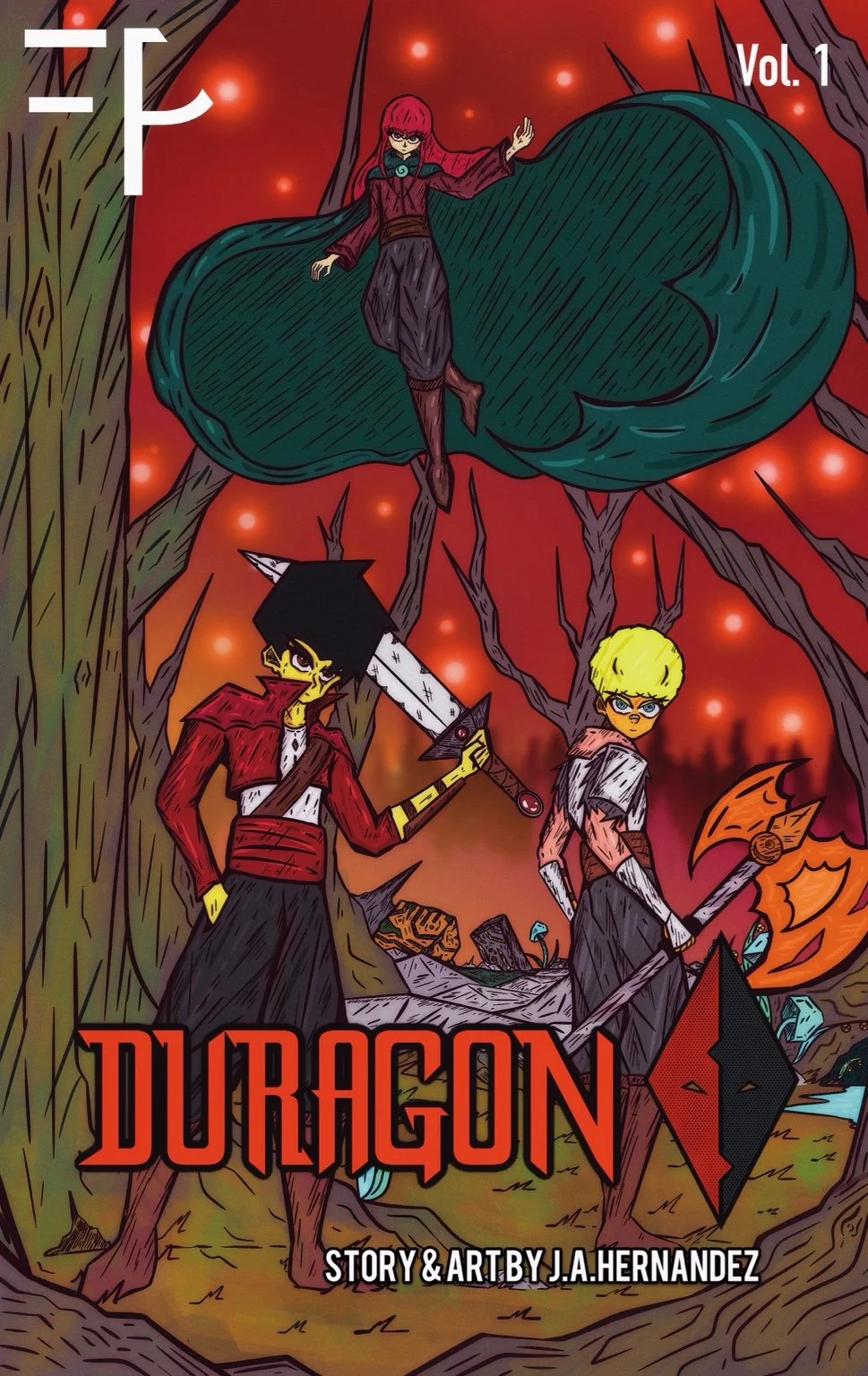 Comic book cover titled "Dragon" with fantasy characters in a forest, including a woman in a cloak above the others with trees and glowing lights in the background.