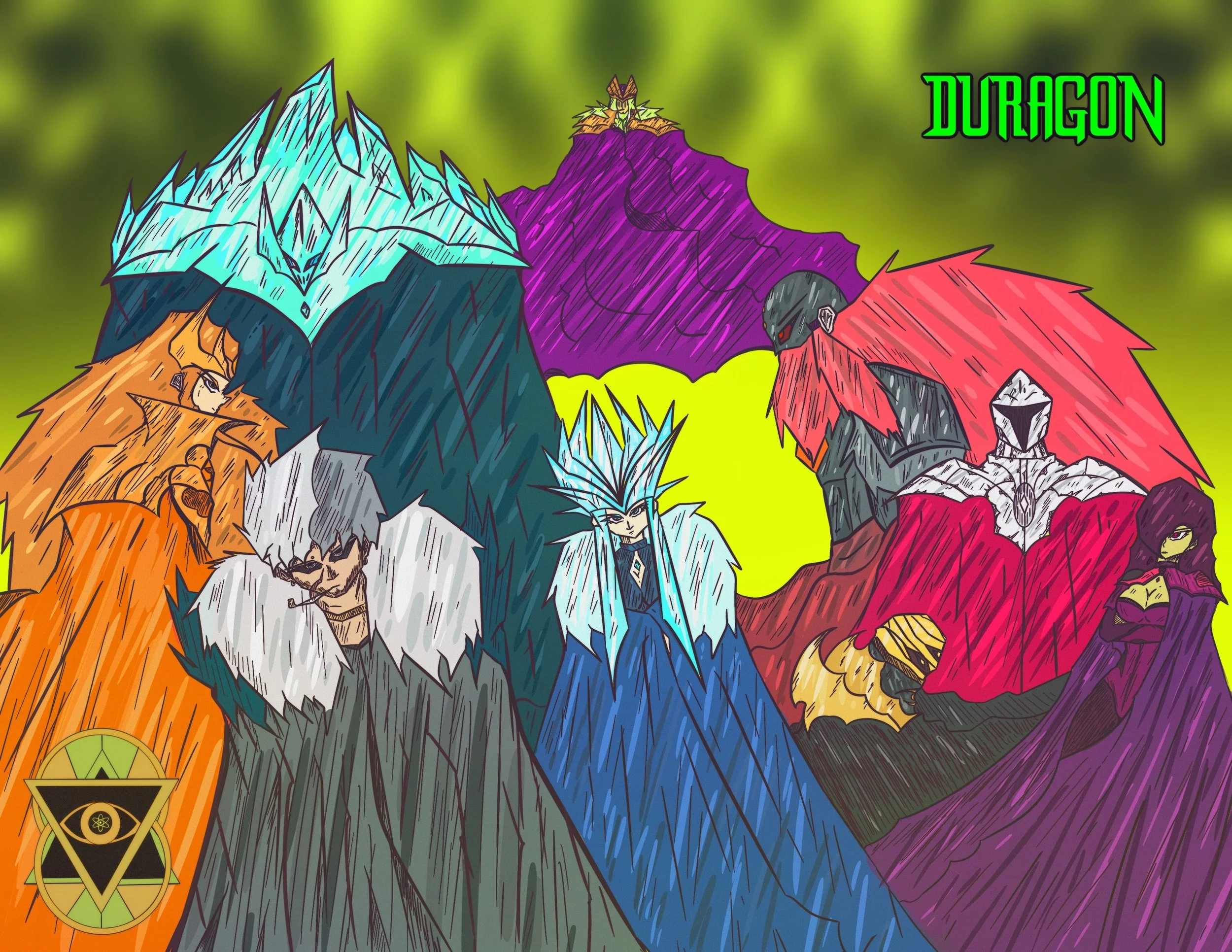 Colorful illustration of multiple mythical dragon characters with different colors and designs. The background is bright green with the word 'DRAGON' written in green text in the top right corner.