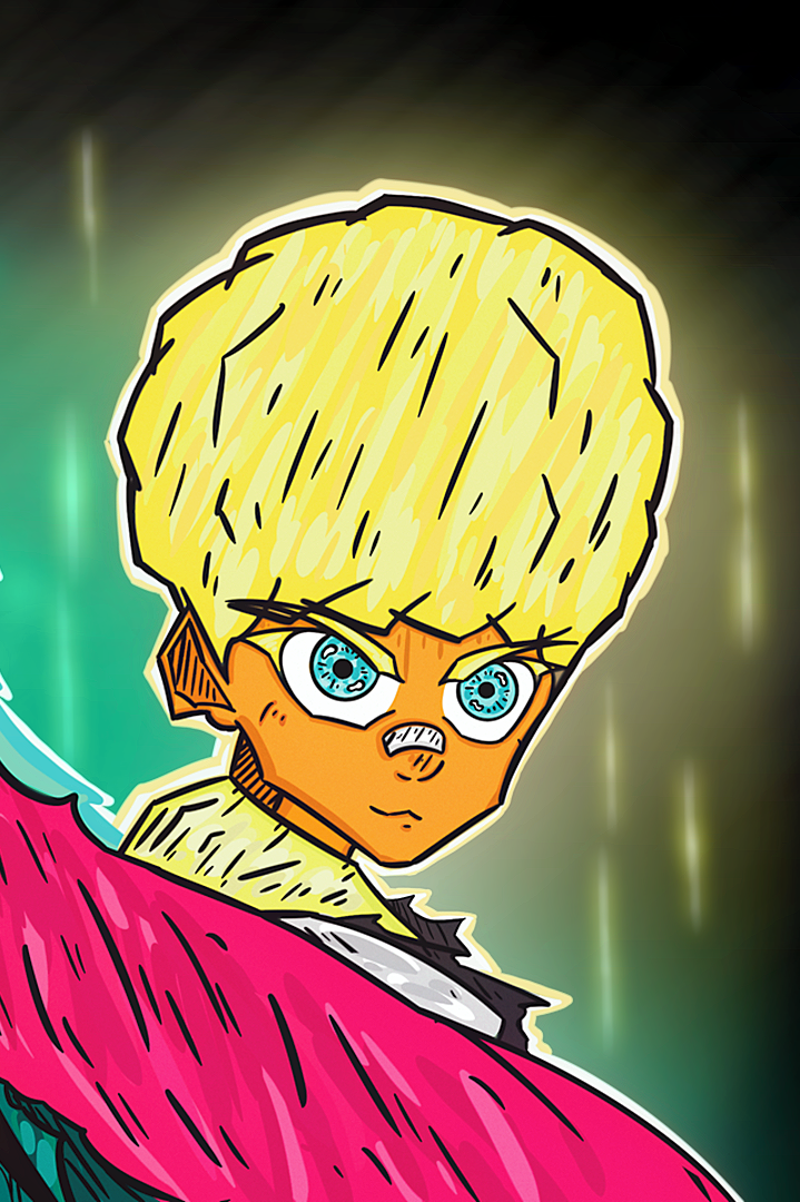 Anime-style character with spiky blond hair, blue eyes, and an intense expression, wearing a pink and white cloak.