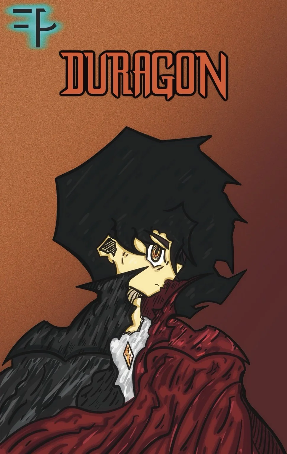 Anime-style illustration of a character with black spiky hair, dressed in black and red, with a serious expression, on a brown background. The word "DRAGON" is written above in bold letters.