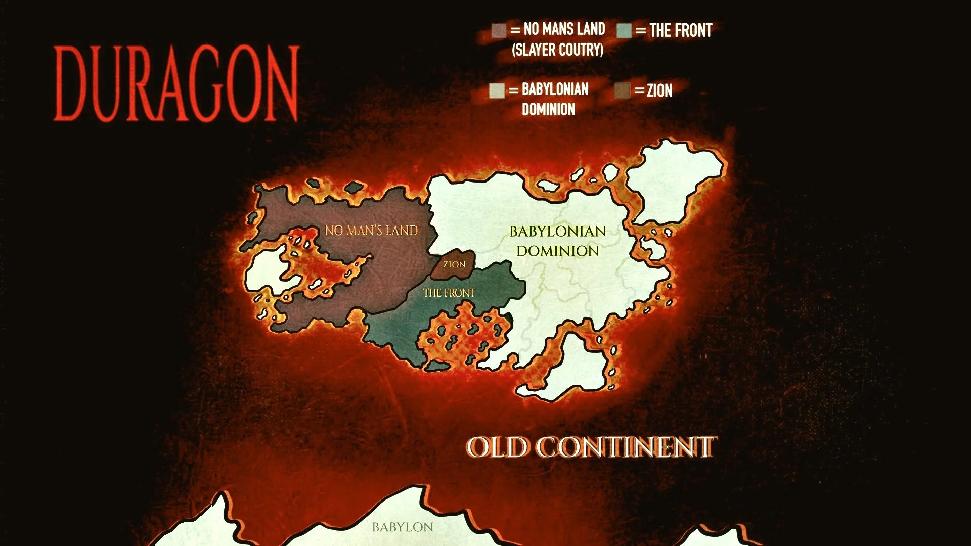 Map of ancient continents with regions labeled as No Man's Land, The Front, Babylonian Dominion, and Zion, with a legend indicating color codes for each region.