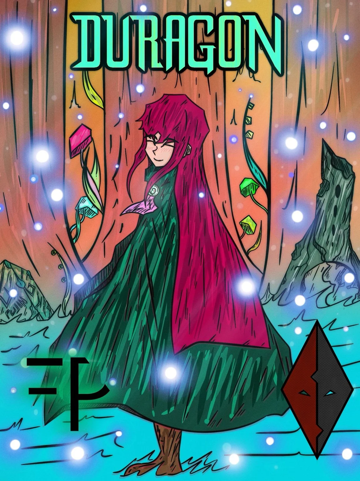 An animated illustration of a character with long pink hair, wearing glasses, standing on a tree stump in front of a large tree with colorful vines, glowing orbs, and mountains in the background. The title "DURAGON" is at the top of the image.