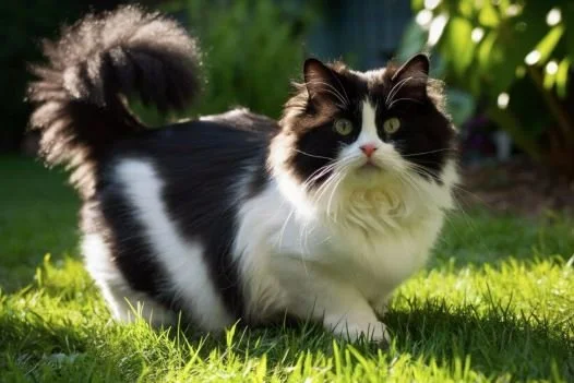 Fluffy black and white cat standing on grass in a garden.