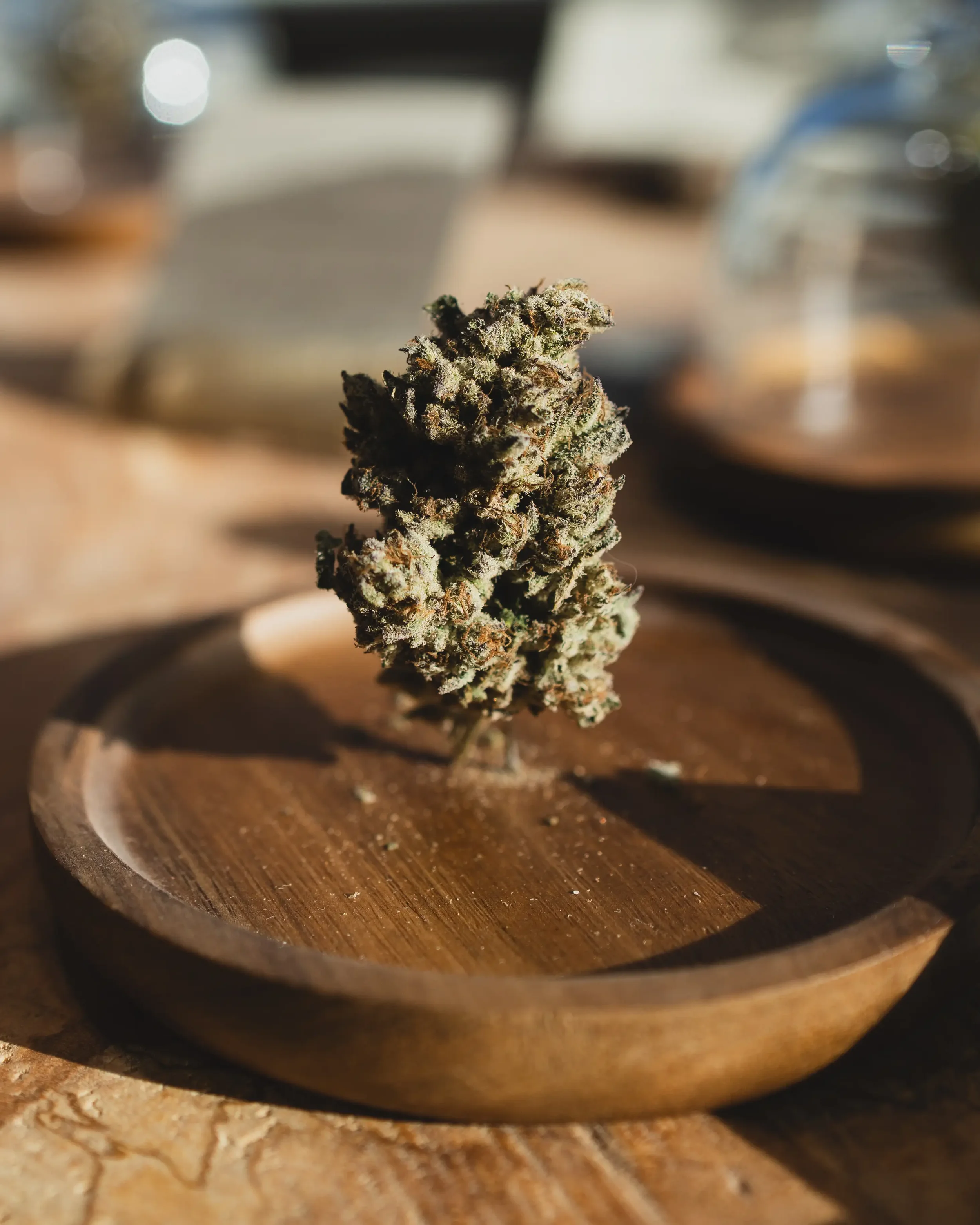 A cannabis bud on a wooden plate with sunlight.