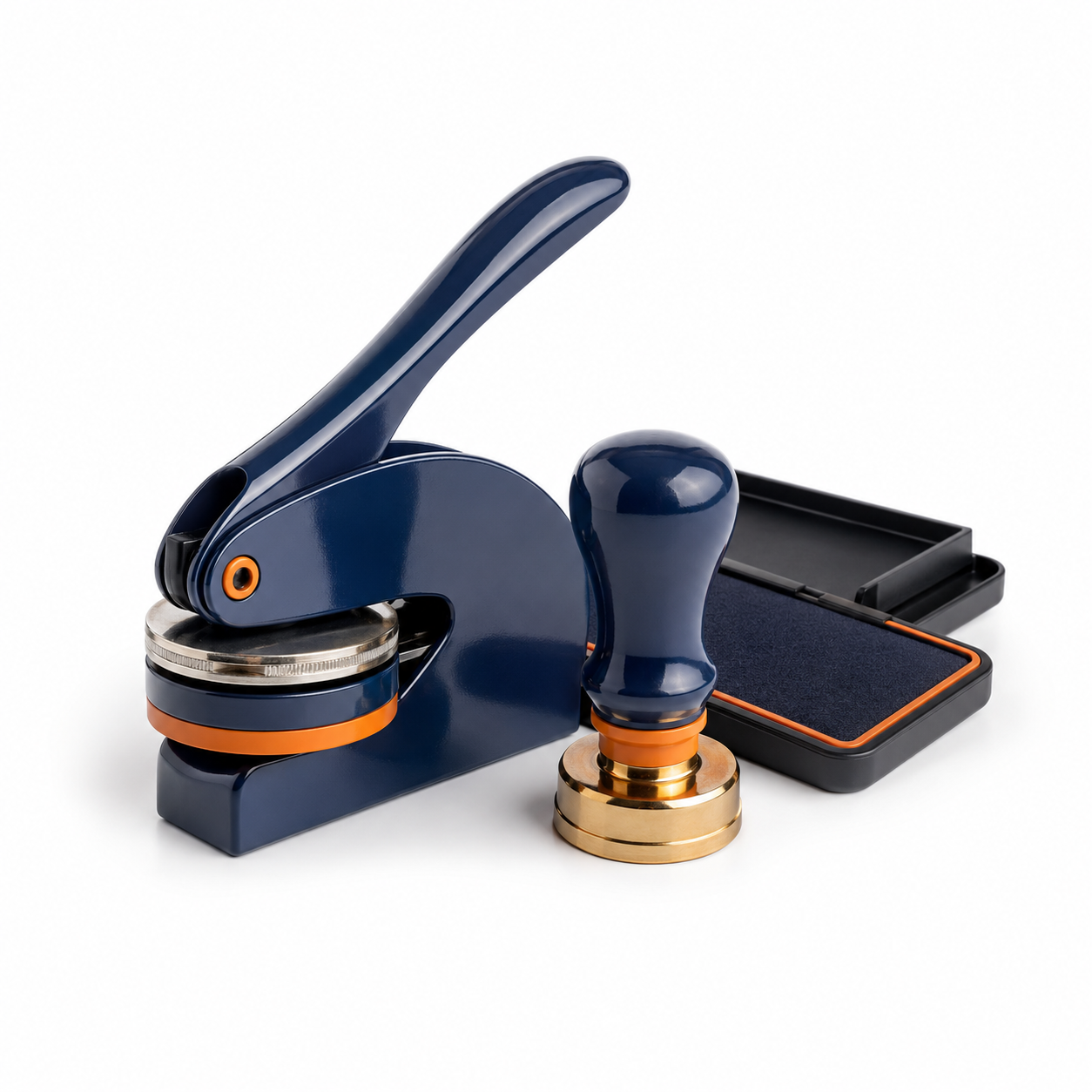 Blue custom stamp press with a large handle, a stamp with a gold and black base, and a black ink pad with orange accents.