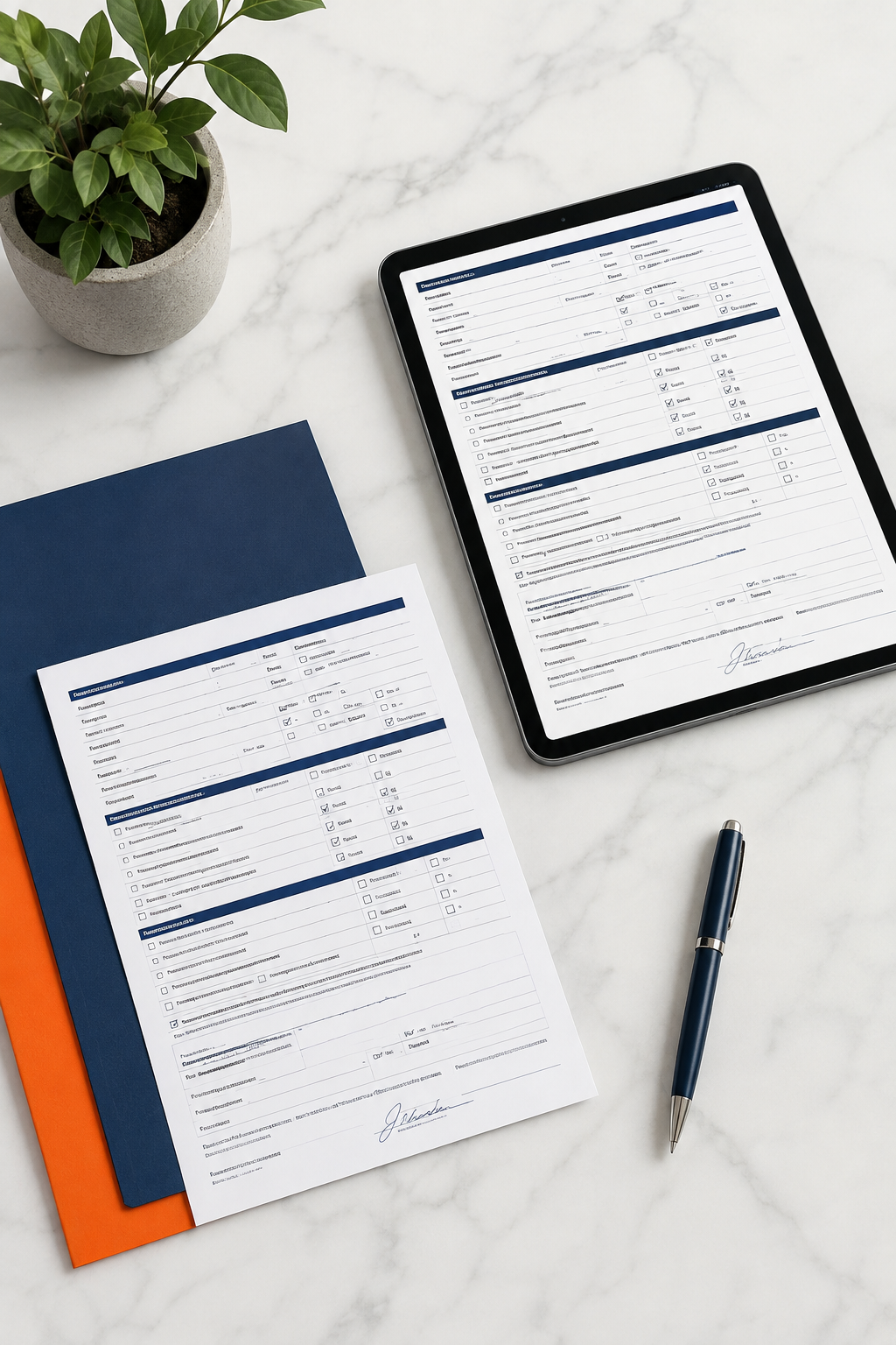 A tablet and printed forms on a white marble desk, with a blue folder, an orange folder, a pen, and a potted plant.