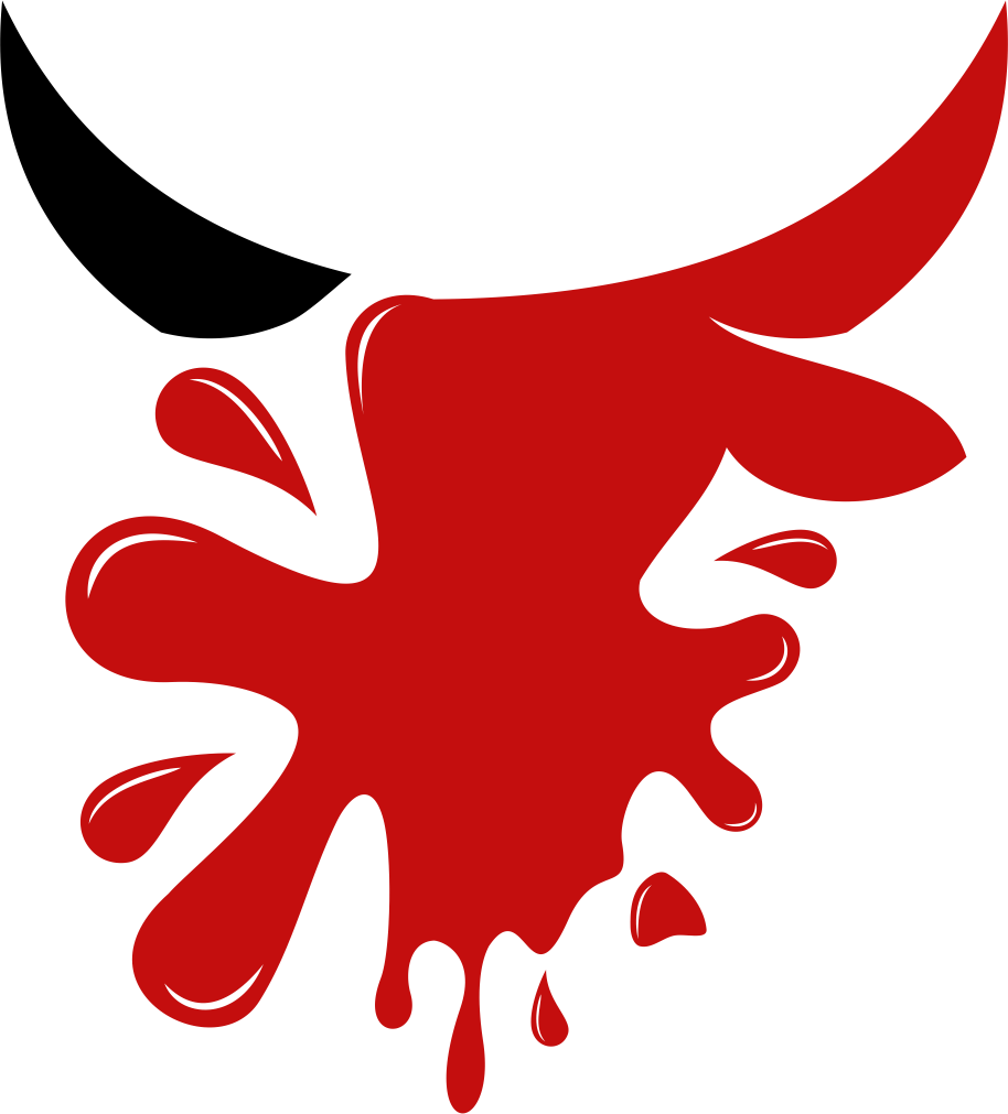 A red paint splash with a stylized design that resembles a face and a wing.