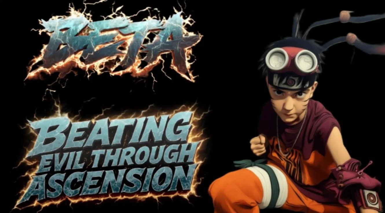 A young boy dressed as Naruto from the anime, wearing goggles and ninja attire, crouching with a serious expression next to a poster for the video game 'NARUTO: BEATING EVIL THROUGH ASCENSION' with a lightning-themed logo.
