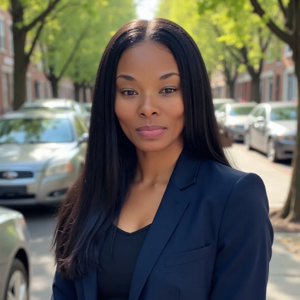 A woman with long black hair wearing a dark blazer, standing outdoors on a sunny day with trees and parked cars in the background.