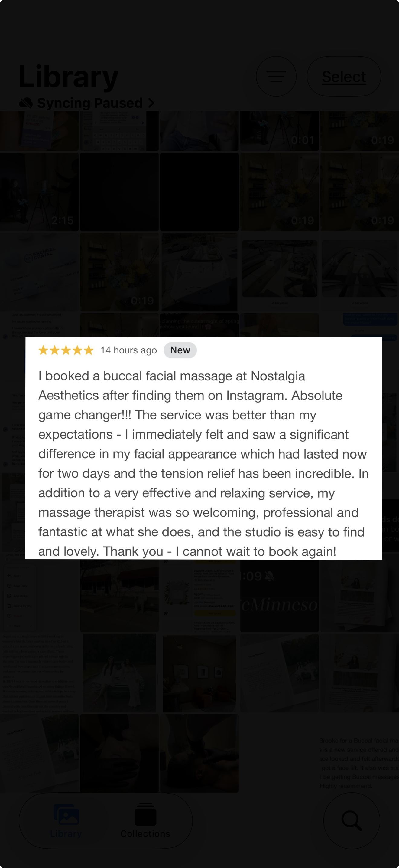Customer review of a buccal facial massage at Nostalgia Aesthetics on an app, highlighting positive experience and results.