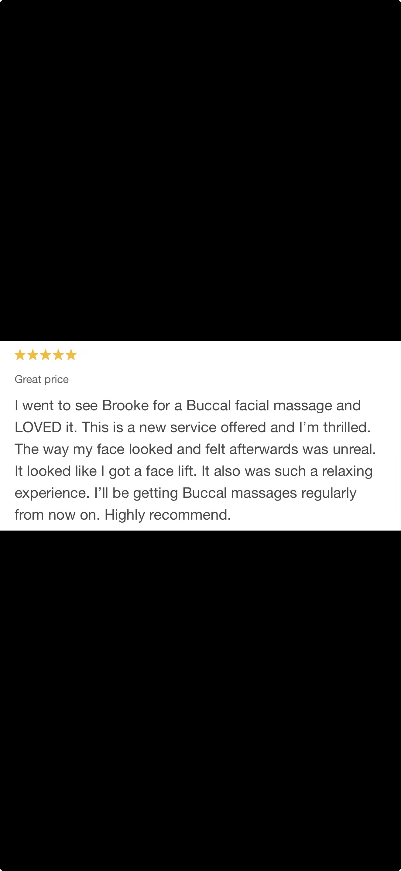 Screenshot of a positive customer review for a Bucal facial massage service, mentioning a face lift and relaxation experience.
