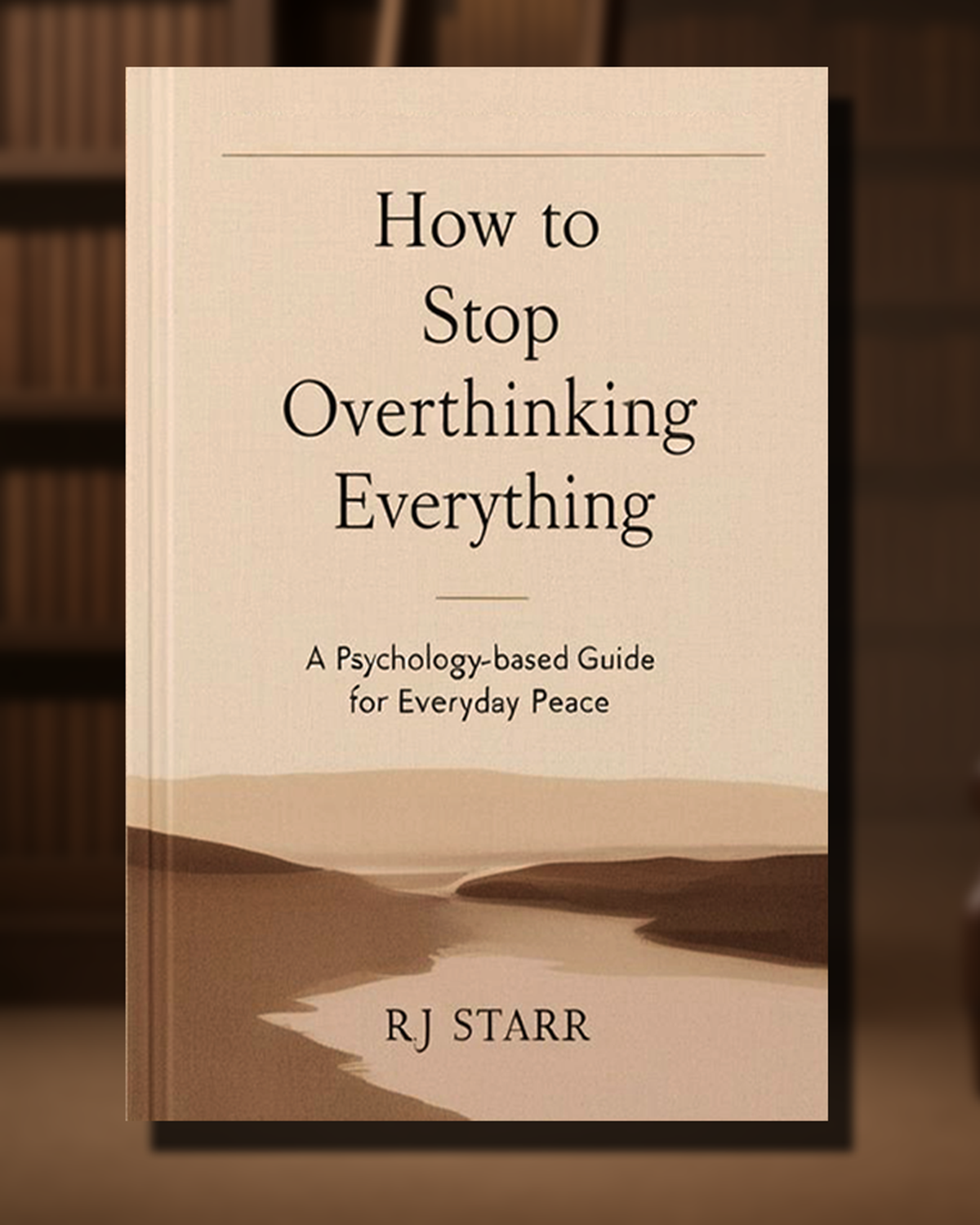 Book cover titled "How to Stop Overthinking Everything" by RJ Starr, featuring a serene landscape with rolling hills and a calm river.