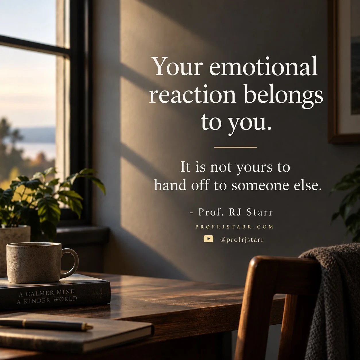 Quote graphic with soft natural window light and the text: “Your emotional reaction belongs to you. It is not yours to hand off to someone else.” — Prof. RJ Starr