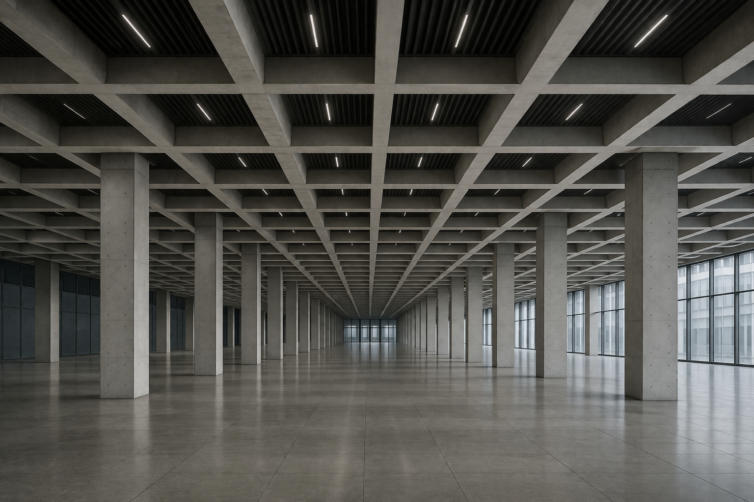 Empty modern interior space with concrete columns and large windows, featuring a grid-patterned ceiling with integrated lighting.