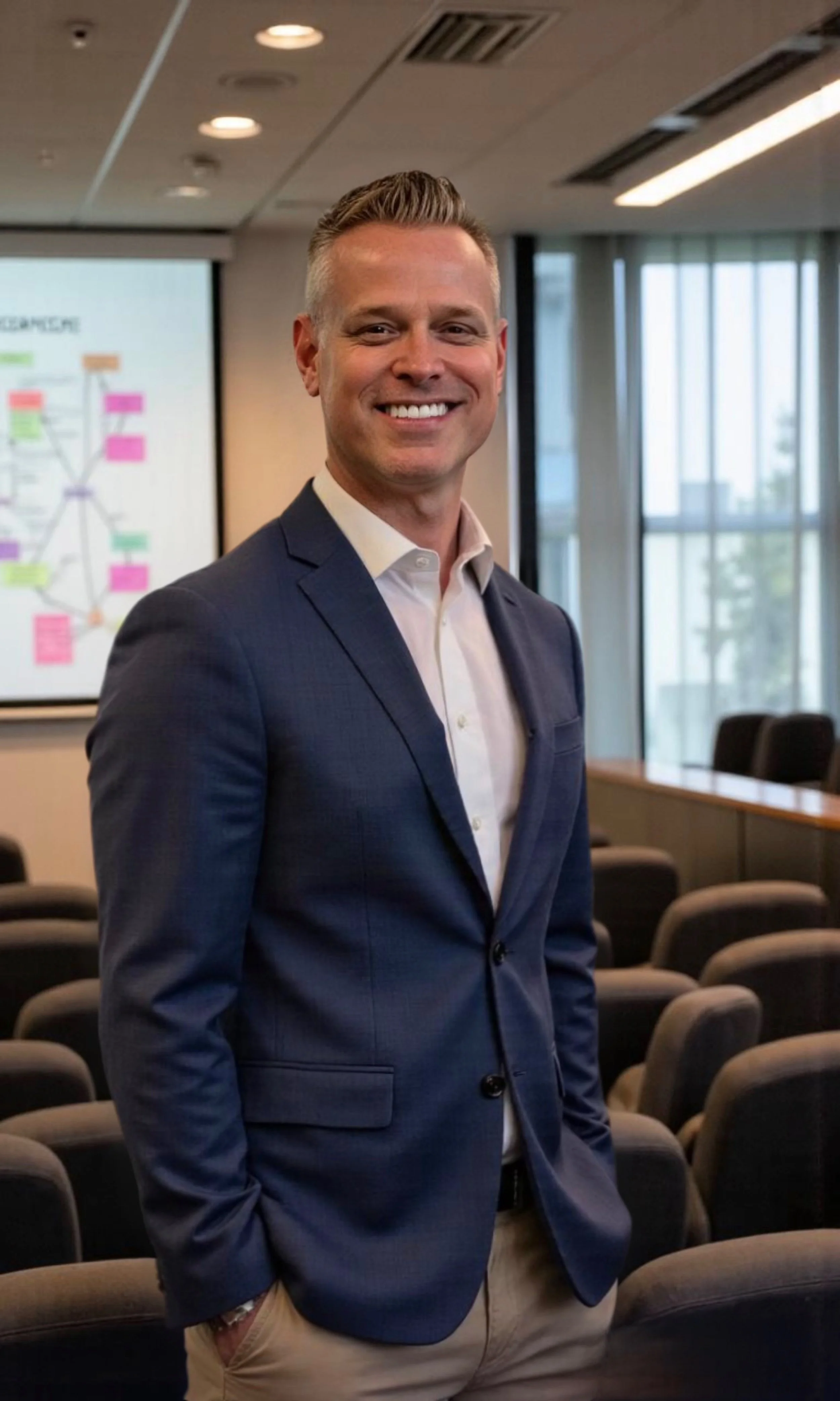 A smiling man in a navy suit standing in a conference room with chairs, a presentation screen, and large windows with blinds.