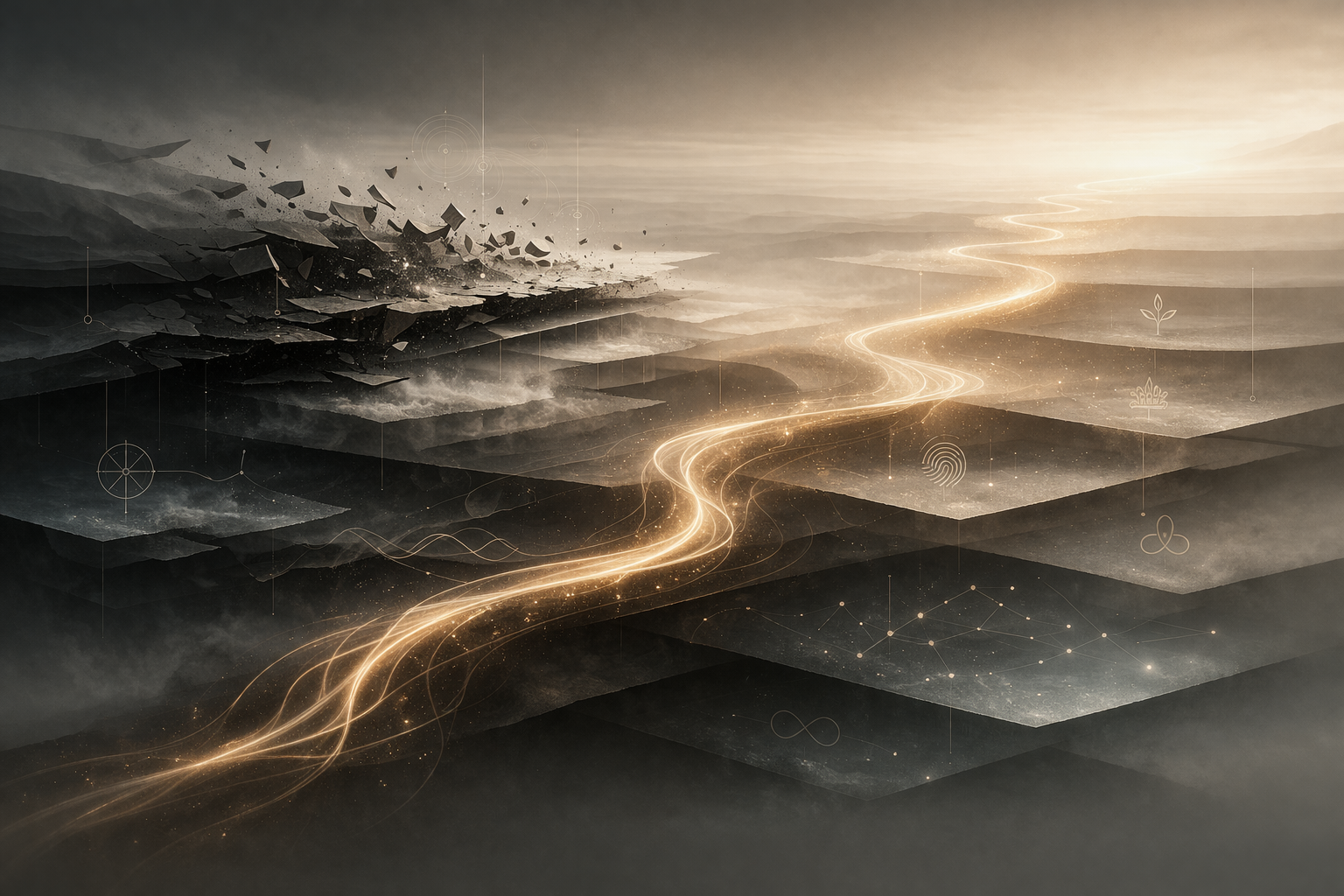 Digital abstract landscape with glowing light trail, layered terrain, and icons representing technology and nature.