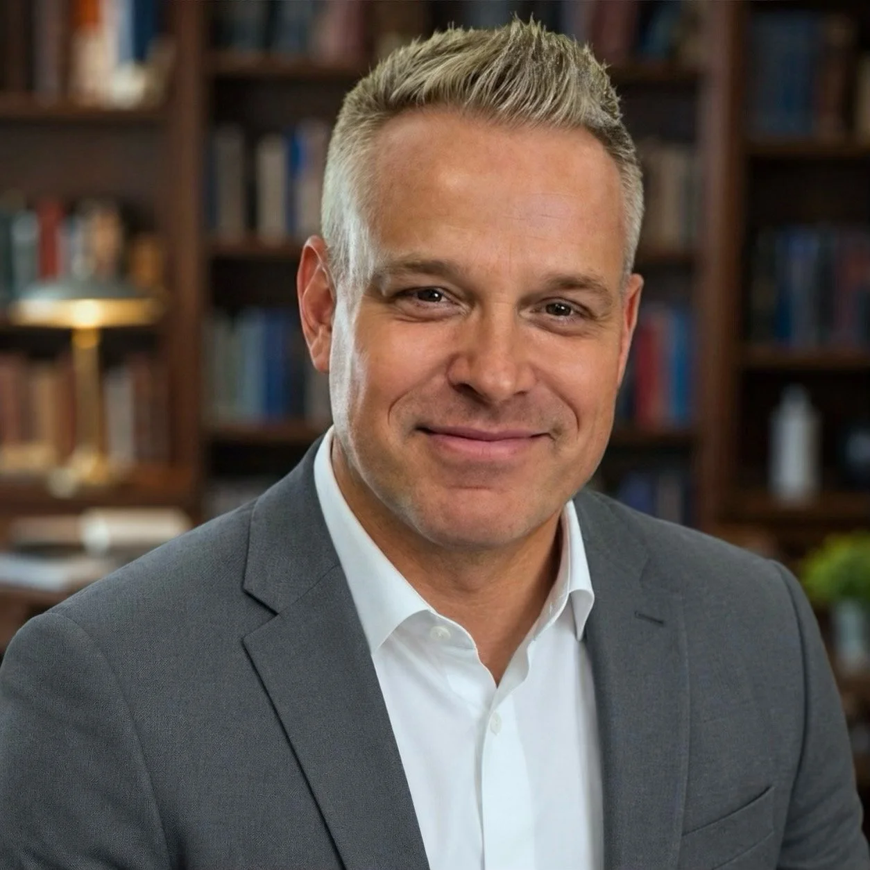 RJ Starr, Chief Human Resources Officer and independent theorist in psychology, in a grey suit before a wall of books.