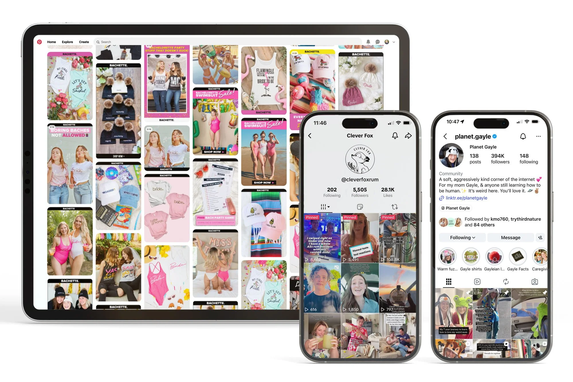 Social media work by Nisse Noble: Bachette's Pinterest feed, the Clever Fox Rum TikTok account, and the Planet Gayle Instagram community at 394K followers.