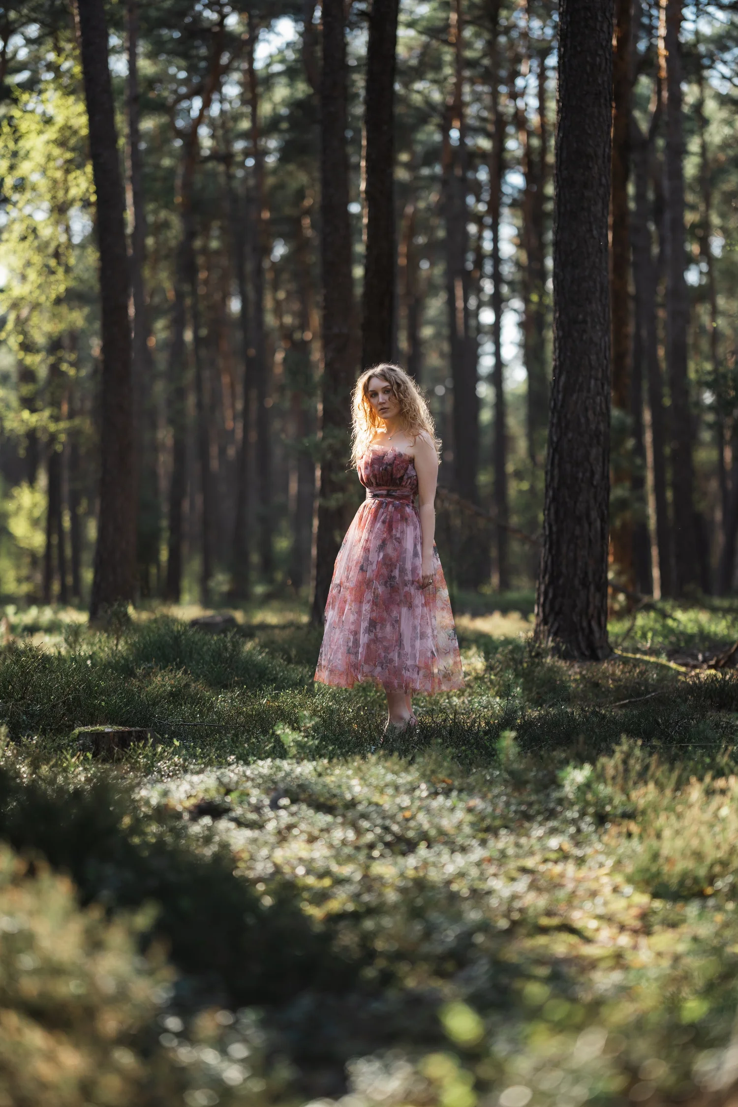 Portrait auf einer Waldlichtung mit Gegenlicht und heller Lichtzone zwischen den Bäumen