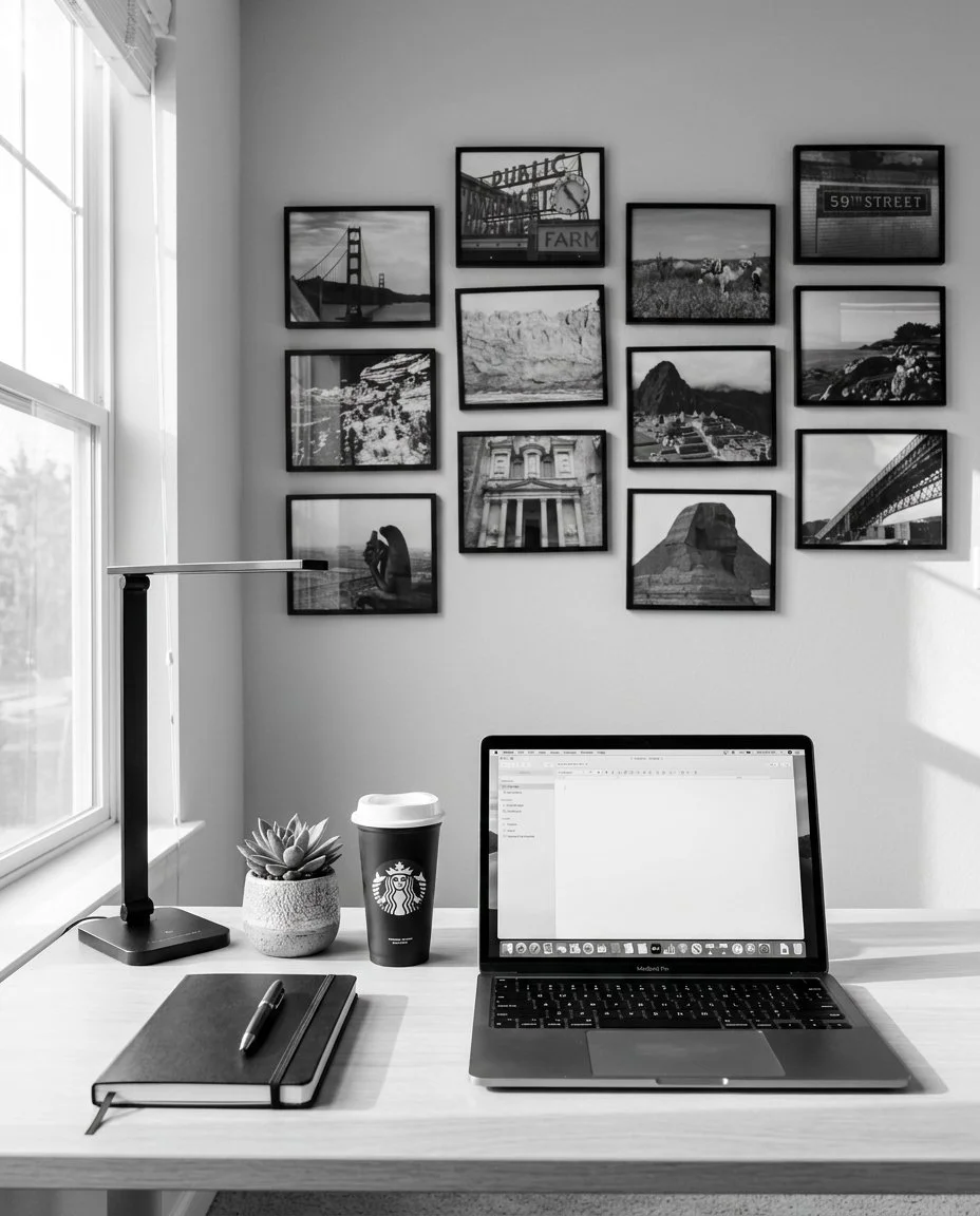 Home office with computer, coffee, and travel pictures on the wall