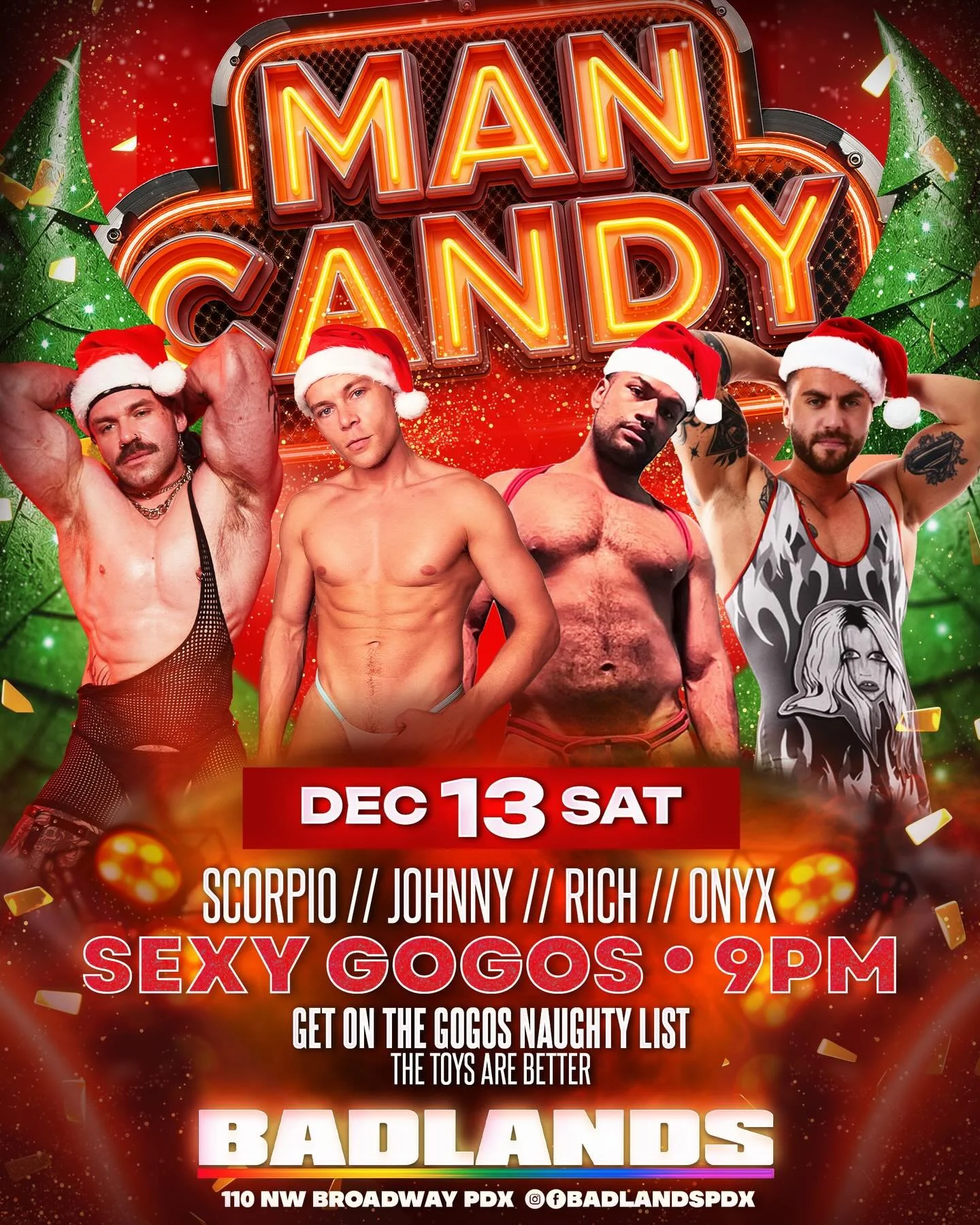 Tonight, we&rsquo;re stuffing your stockings with the naughtiest elves in town. It&rsquo;s Man Candy 🍬🔥

Watch them jingle their bells while you get down under the mistletoe to all of your favorite pop songs 🍭

We&rsquo;ve got @slut4gains, @big_ri