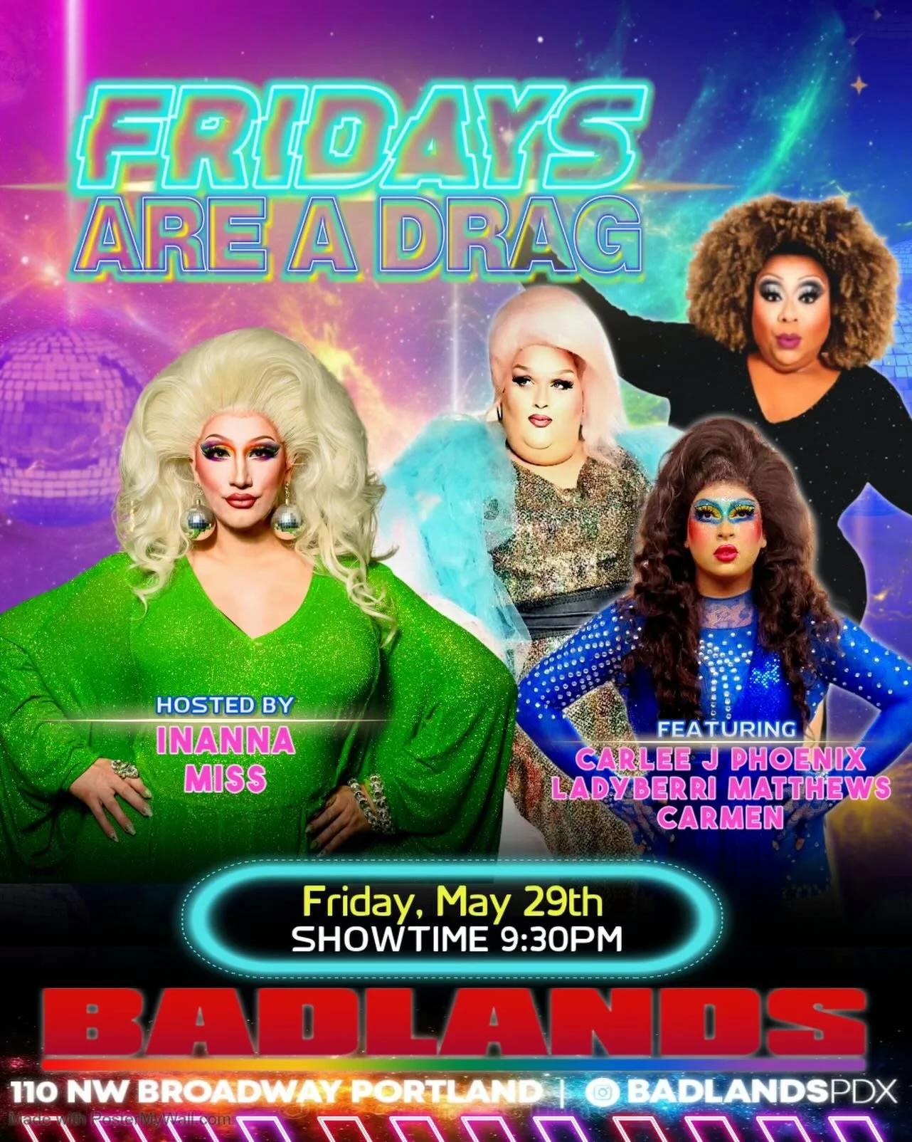 Portland drag excellence returns to the Badlands stage 🔥✨

Fridays Are A Drag is back and we&rsquo;ve got drag of epic proportion, the largest queen in captivity, @therealinannamiss! 🥳 She&rsquo;s gorgeous and packs a punch with her cast of icons:
