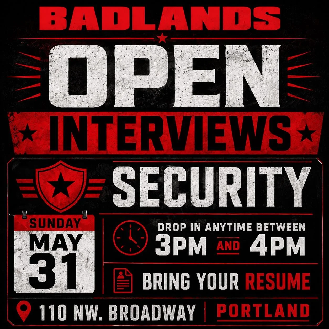 OPEN INTERVIEWS 🚨 Join Us Sunday, May 31 At BADLANDS Portland 🔥 We&rsquo;re Hiring For Security 🛡️ Drop In Anytime Between 3 PM And 4 PM ⏰ Bring Your Resume 📄 110 NW. Broadway, Portland 📍
