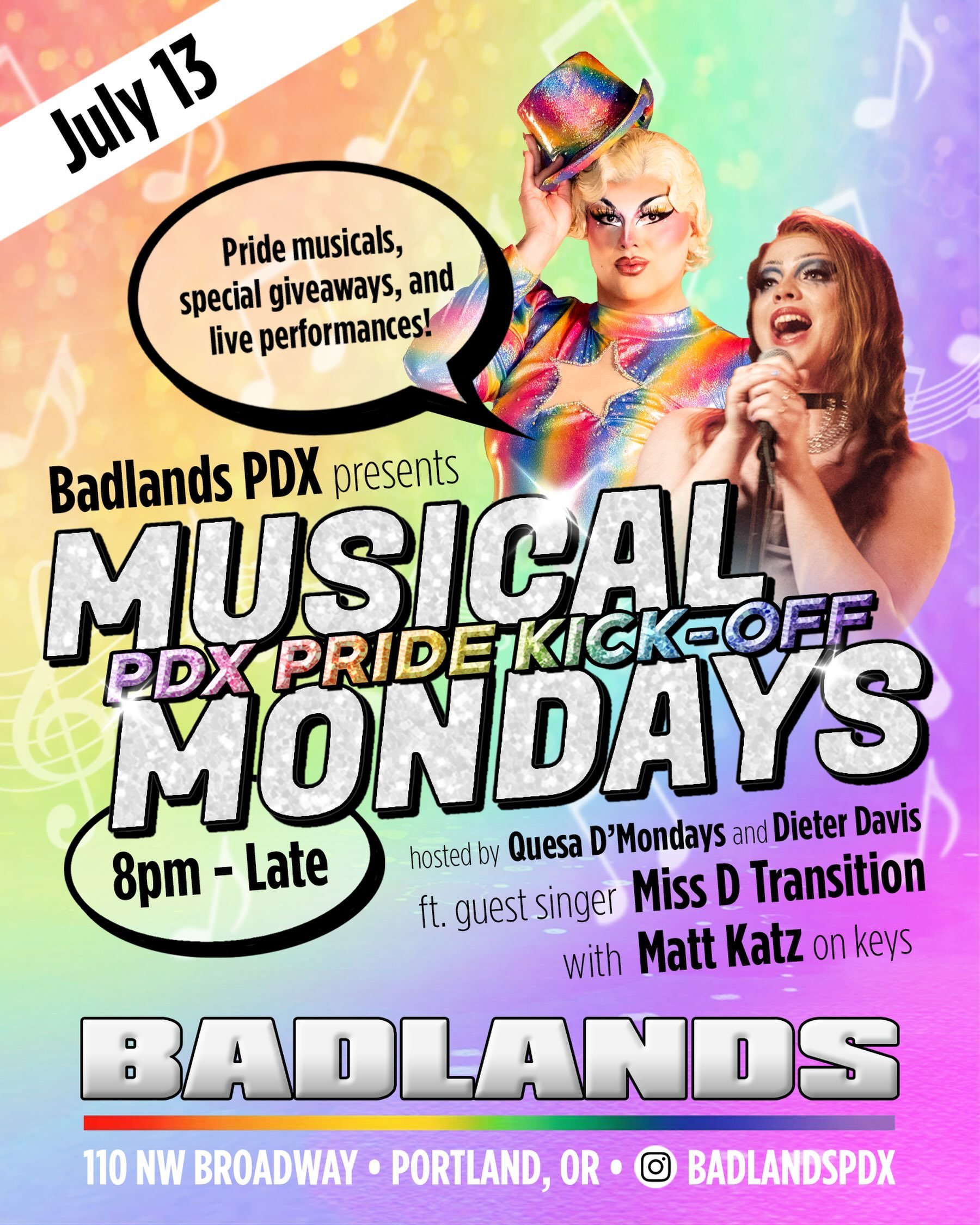 We&rsquo;re kicking off Pride week on a musical note 🎶🏳️&zwj;🌈🏳️&zwj;⚧️

Tonight, we&rsquo;re bringing the band for a live cabaret spectacular at Musical Mondays! Hosted by your regular showtune aficionados @quesa_d.mondays and @dieterdavis, with
