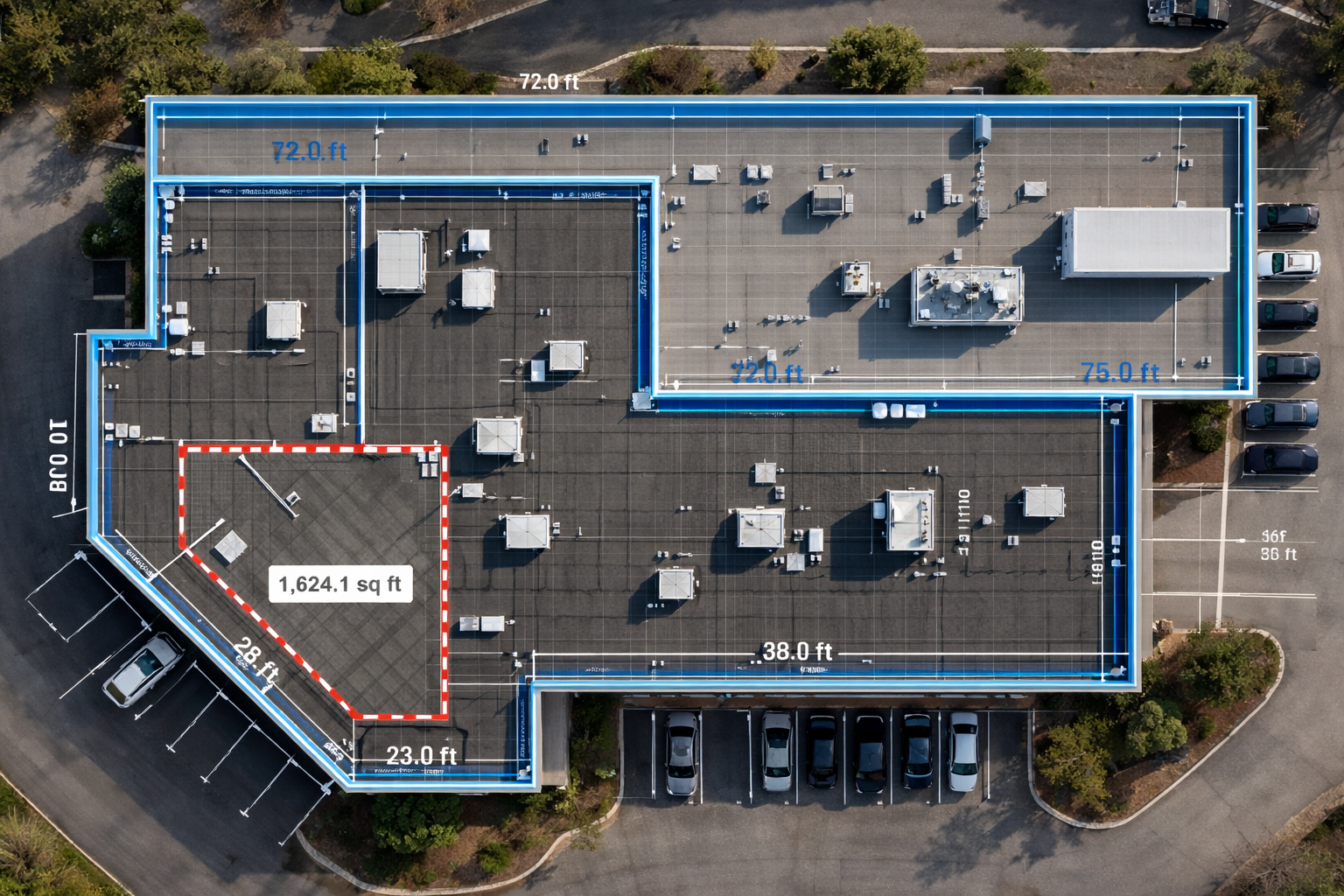Aerial view of a large flat rooftop with marked dimensions and a outlined section, showing HVAC units and other rooftop equipment, surrounded by parking lots and greenery.