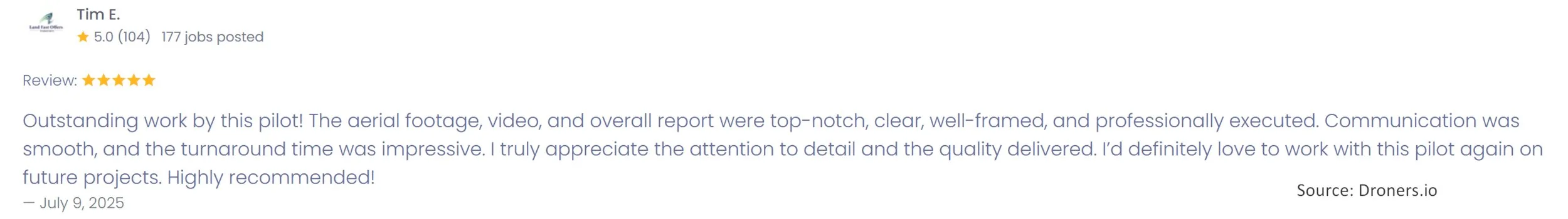 Screenshot of a job review for a pilot, praising the quality of aerial footage and professionalism, dated July 9, 2025.