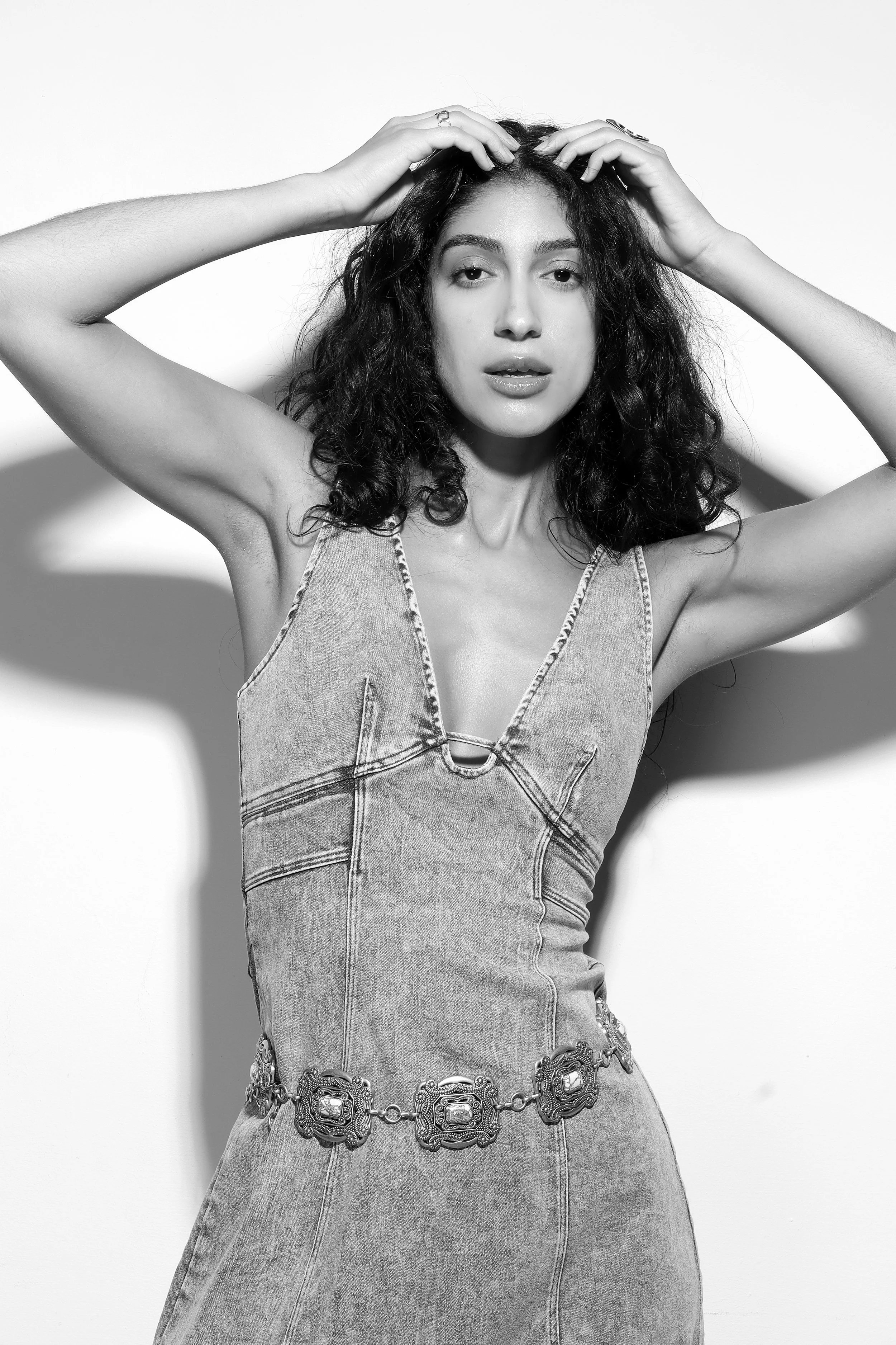 female model in demin, black and white image