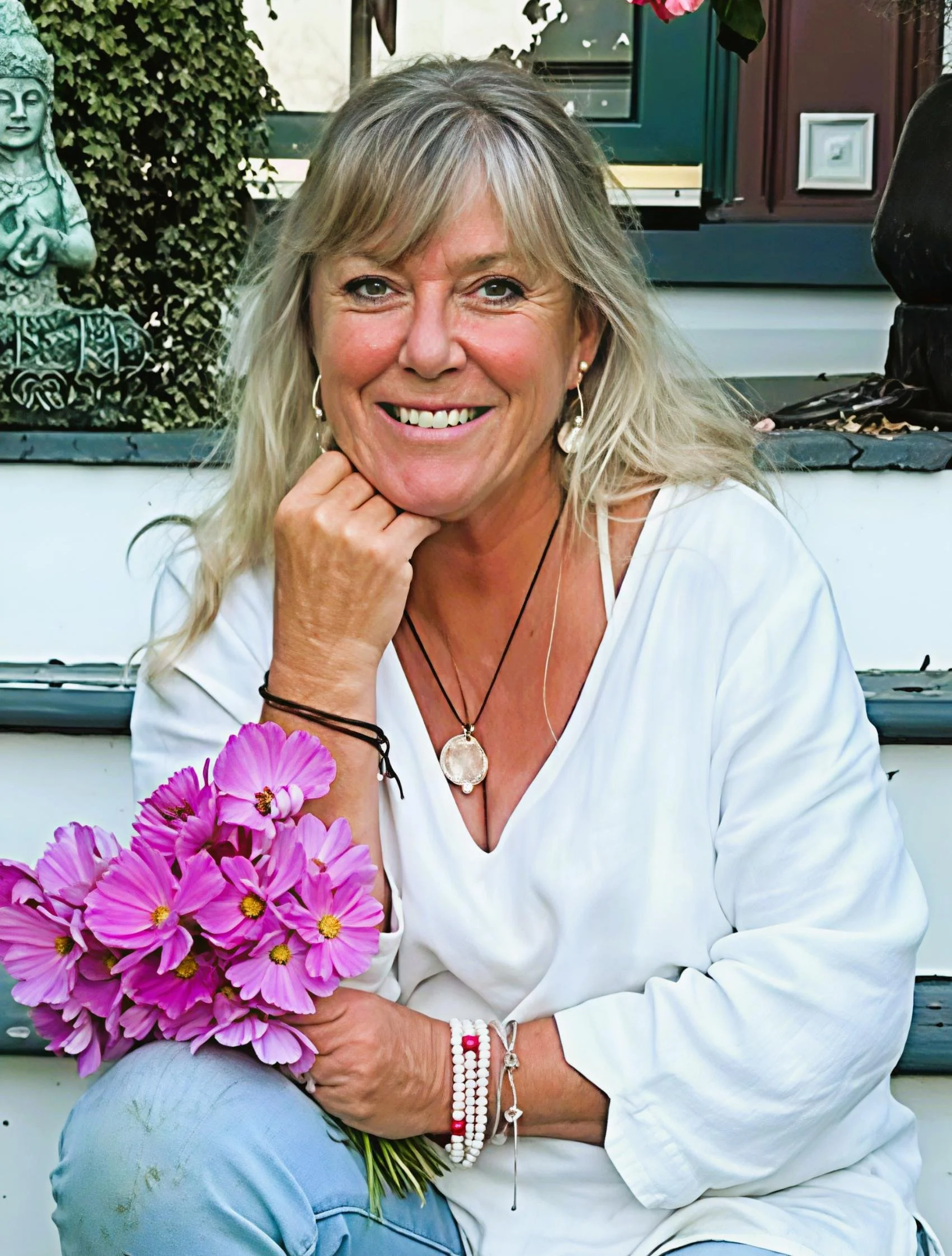 Woman holding a bouquet of flowers on a farmhouse porch