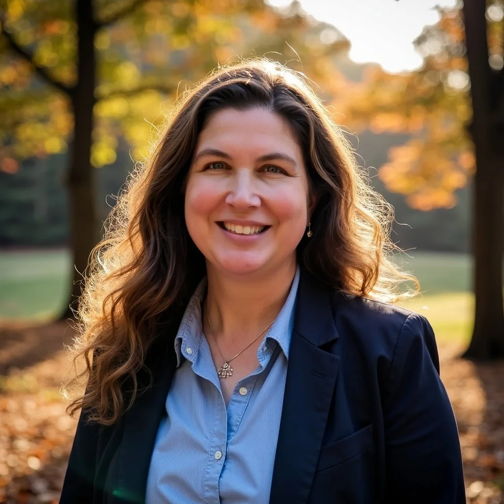 A woman with long wavy brown hair smiling outdoors during fall, wearing a navy blazer over a light blue button-up shirt, with trees and autumn leaves in the background.