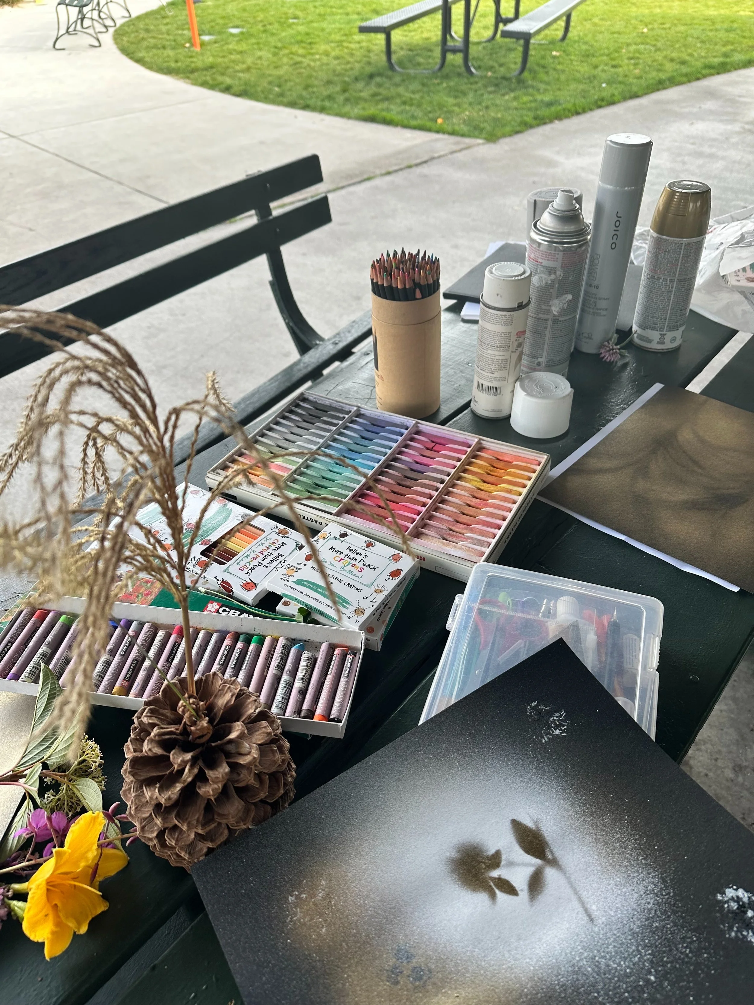 Outdoor art supplies on a black table, including colored pencils, pastel chalks, spray paint cans, and a spray photo stencil art of plants and leaves.