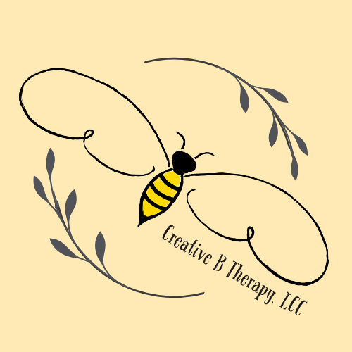 Illustration of a bee with text that reads 'Creative B Therapy, LLC' surrounded by decorative swirls and leaves.