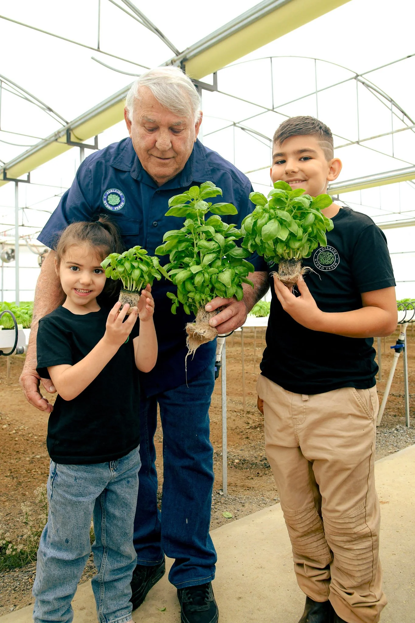 A man with two children holding basil plants in a greenhouse.