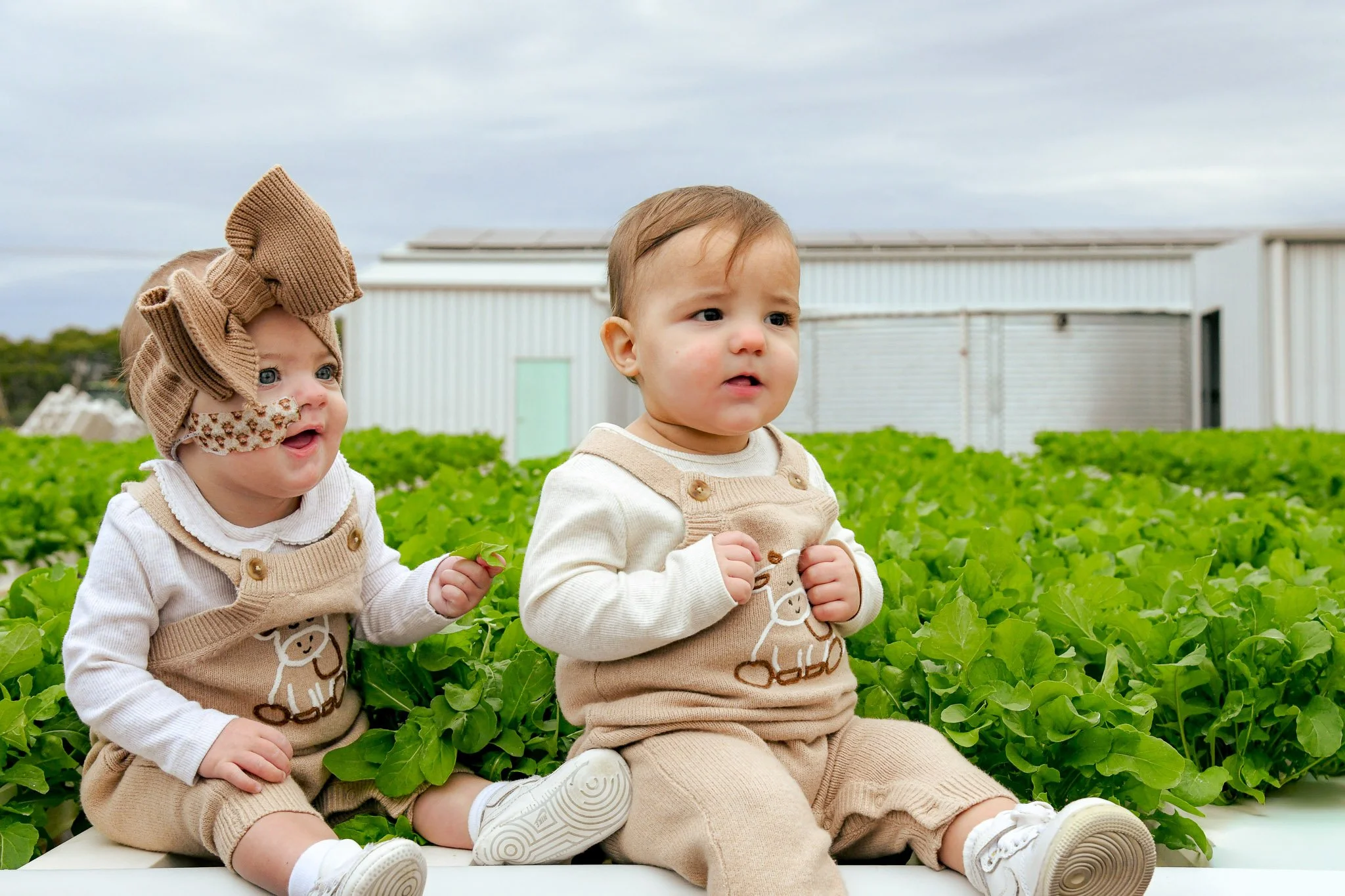 Two toddlers sitting outdoors on a white platform surrounded by green leafy plants, with a large building in the background under a cloudy sky.