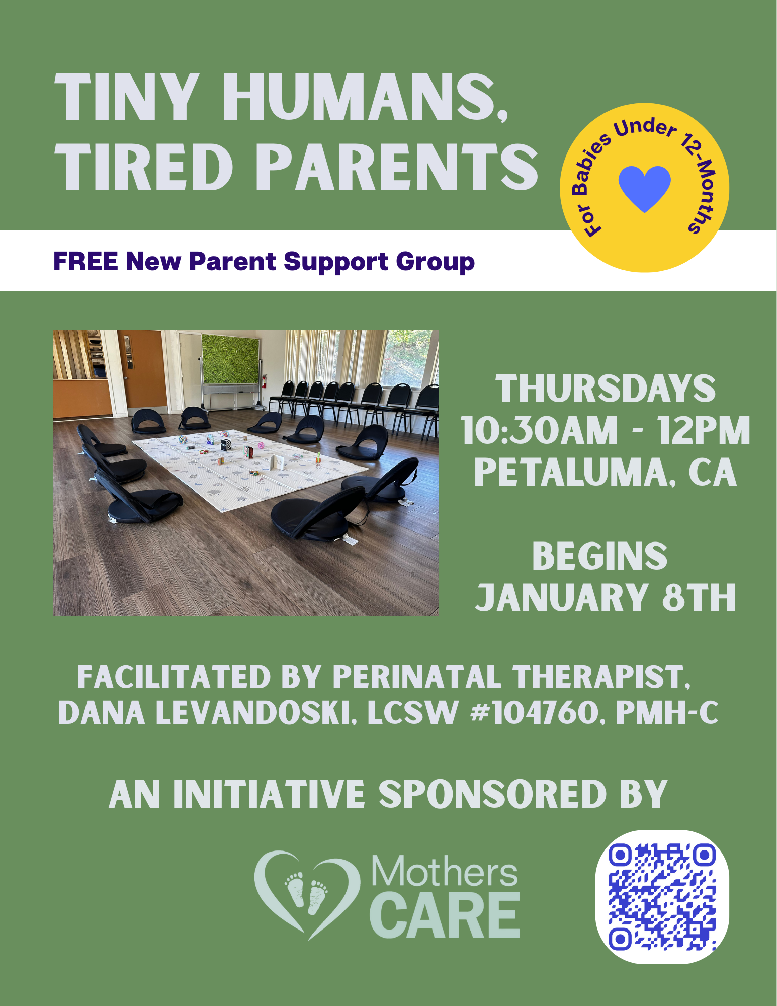 Flyer for New Parent Support Group in Petaluma Facilitated by Perinatal Therapist Dana Levandoski
