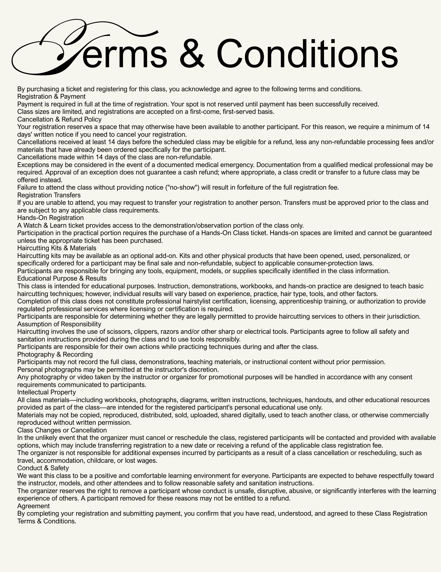 Terms and Conditions for a class registration, including policies on registration, cancellation, transfers, materials, conduct, safety, and agreement.