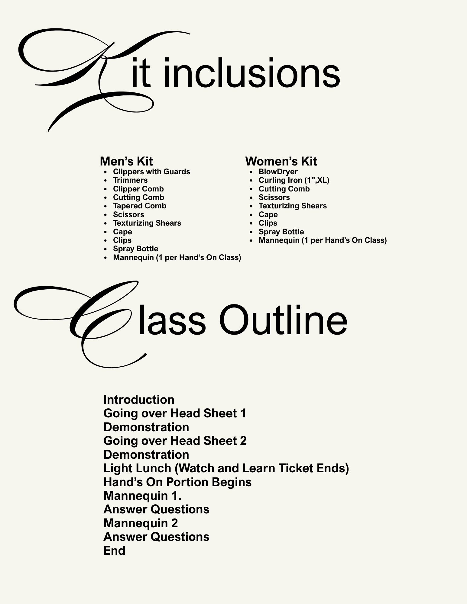 Page showing a hairstyling class outline with sections for men's and women's kit, introduction, head sheet instructions, mannequin exercises, answer questions, and class end.