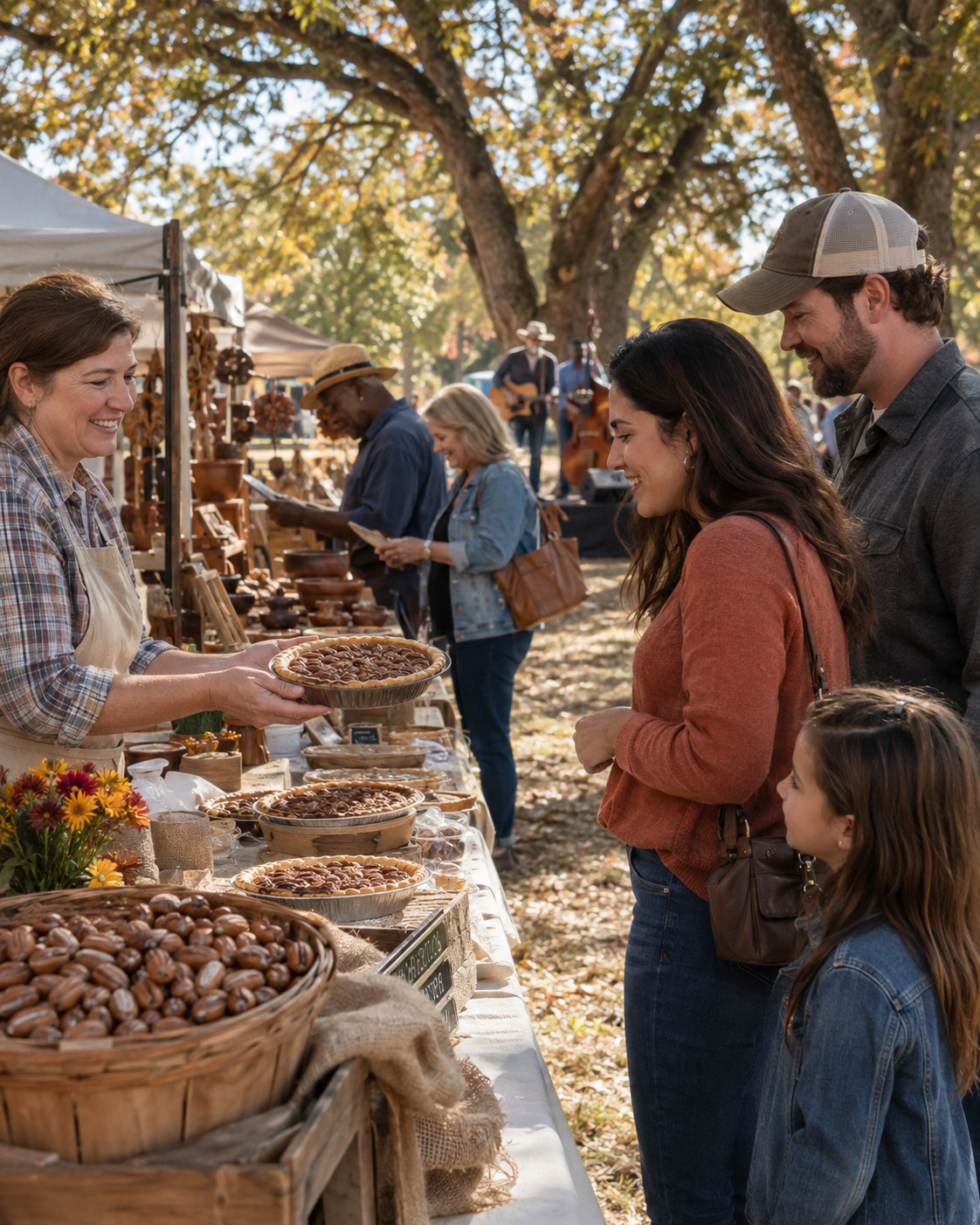 Generated promotional scene of families browsing pecan pies and crafts at an outdoor harvest festival.